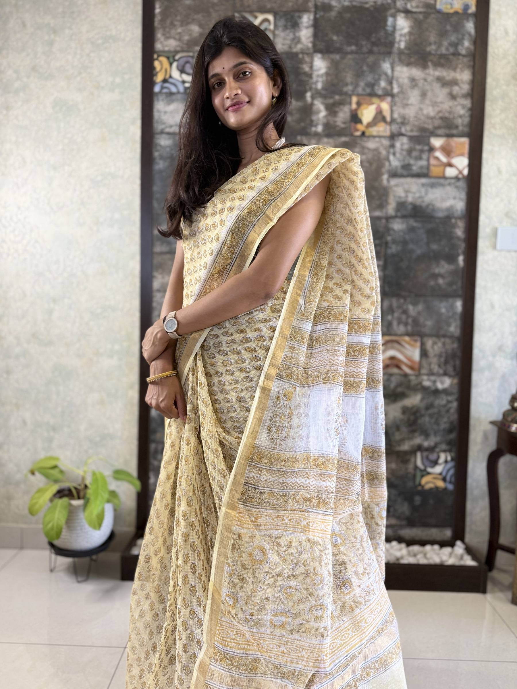 Yellow Floral Kota Doria Block Printed Saree