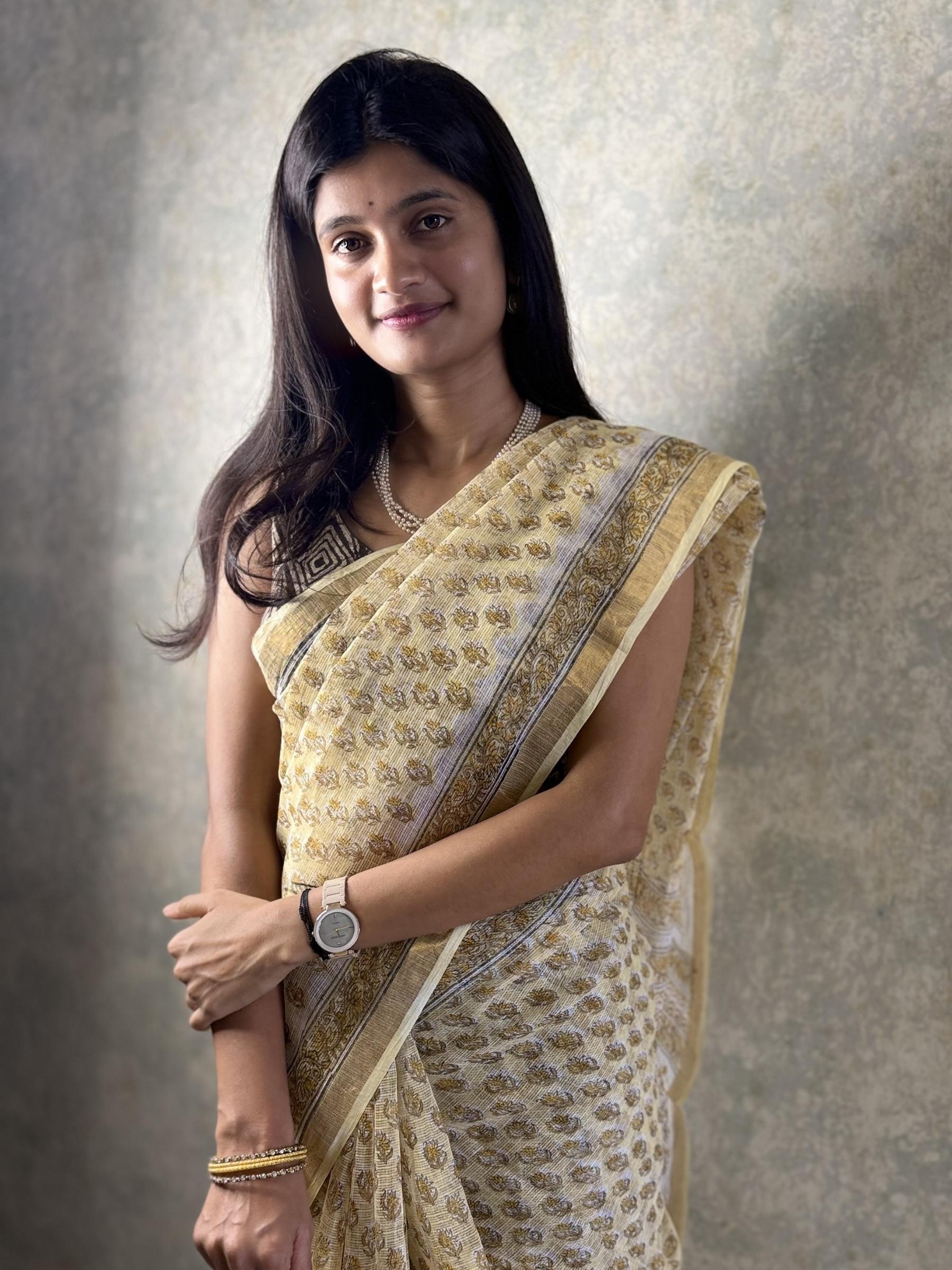Yellow Floral Kota Doria Block Printed Saree