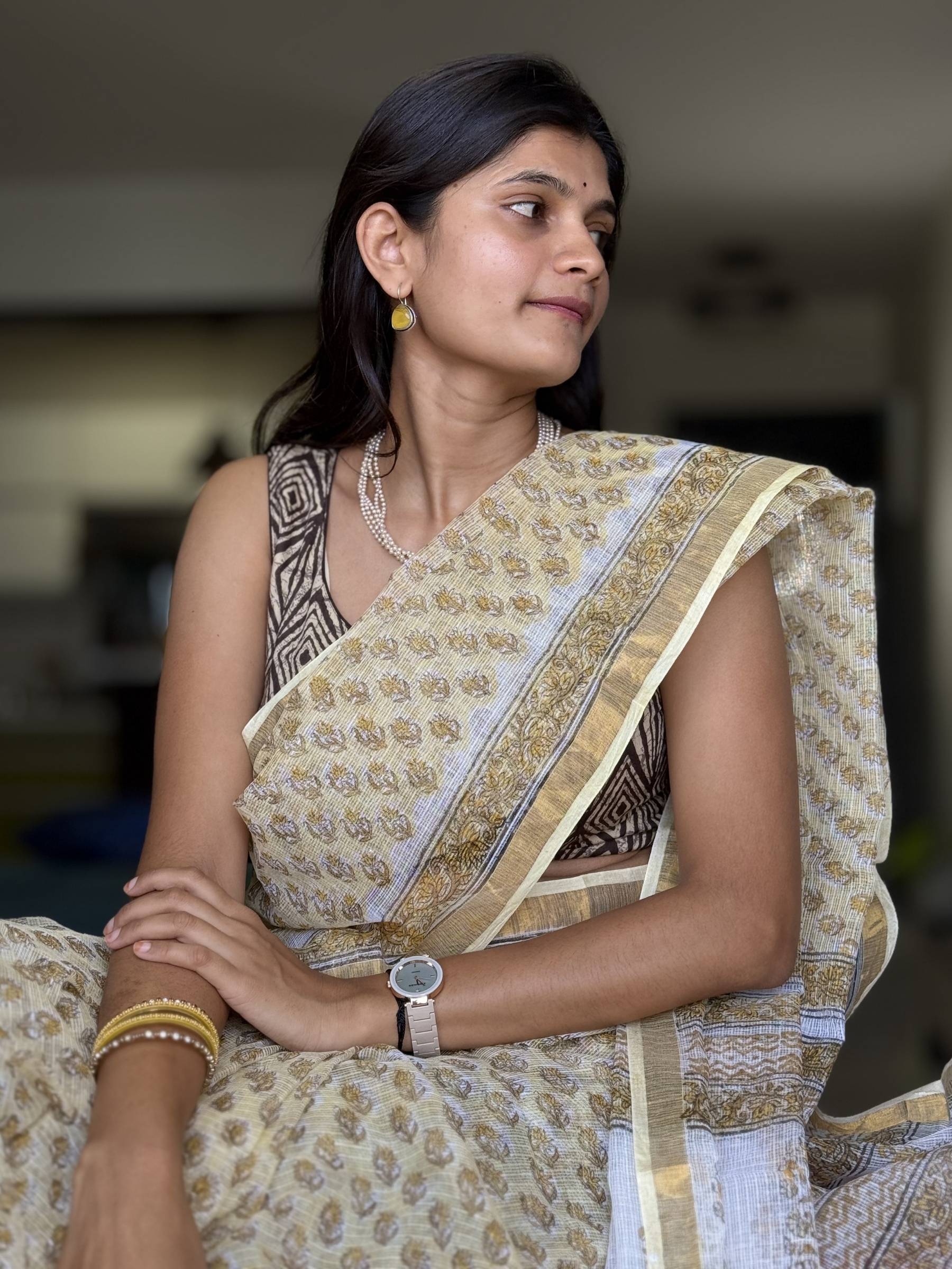 Yellow Floral Kota Doria Block Printed Saree