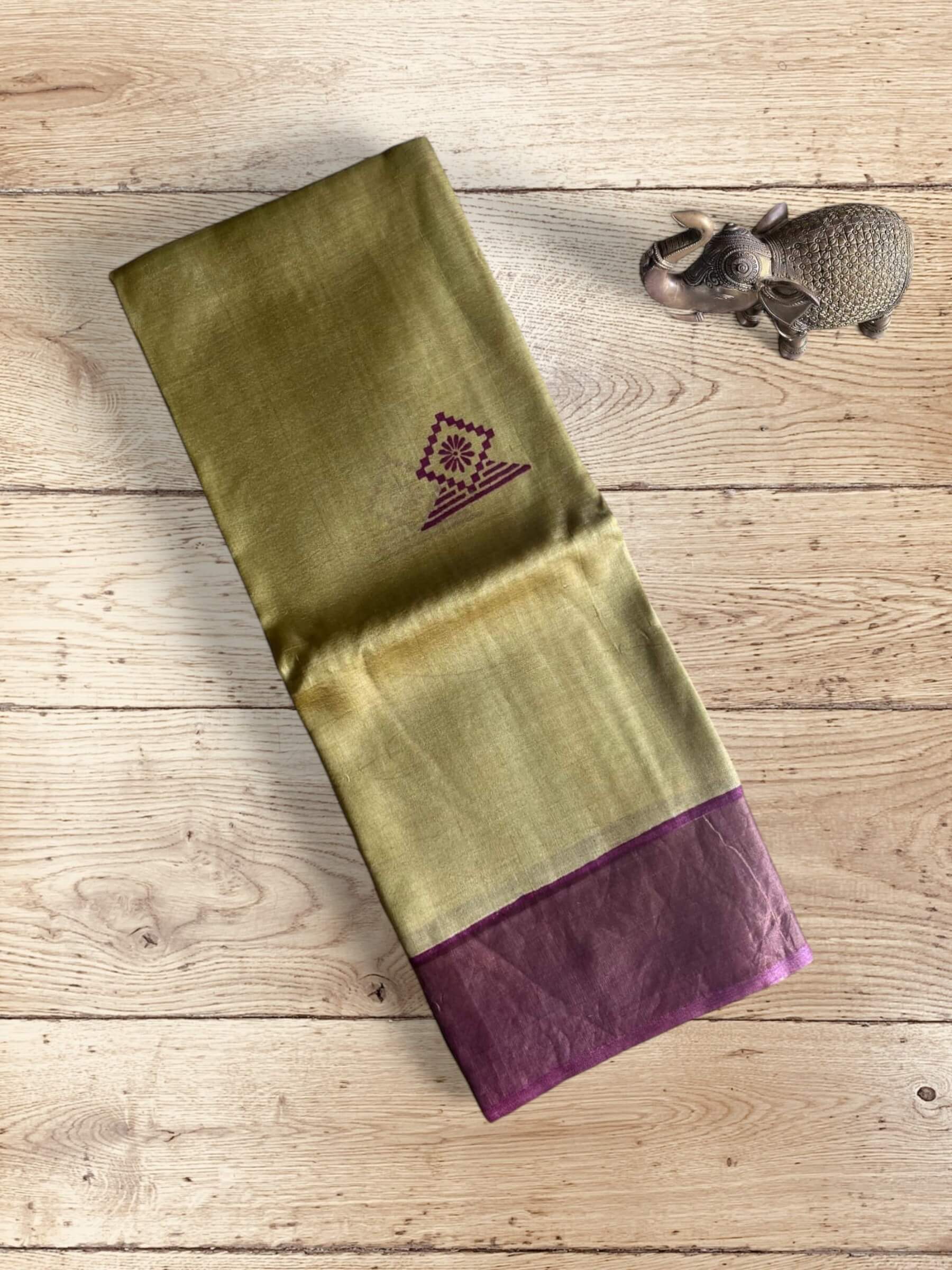 Handloom Pure Tussar Silk Block Printed Saree in Light Tan