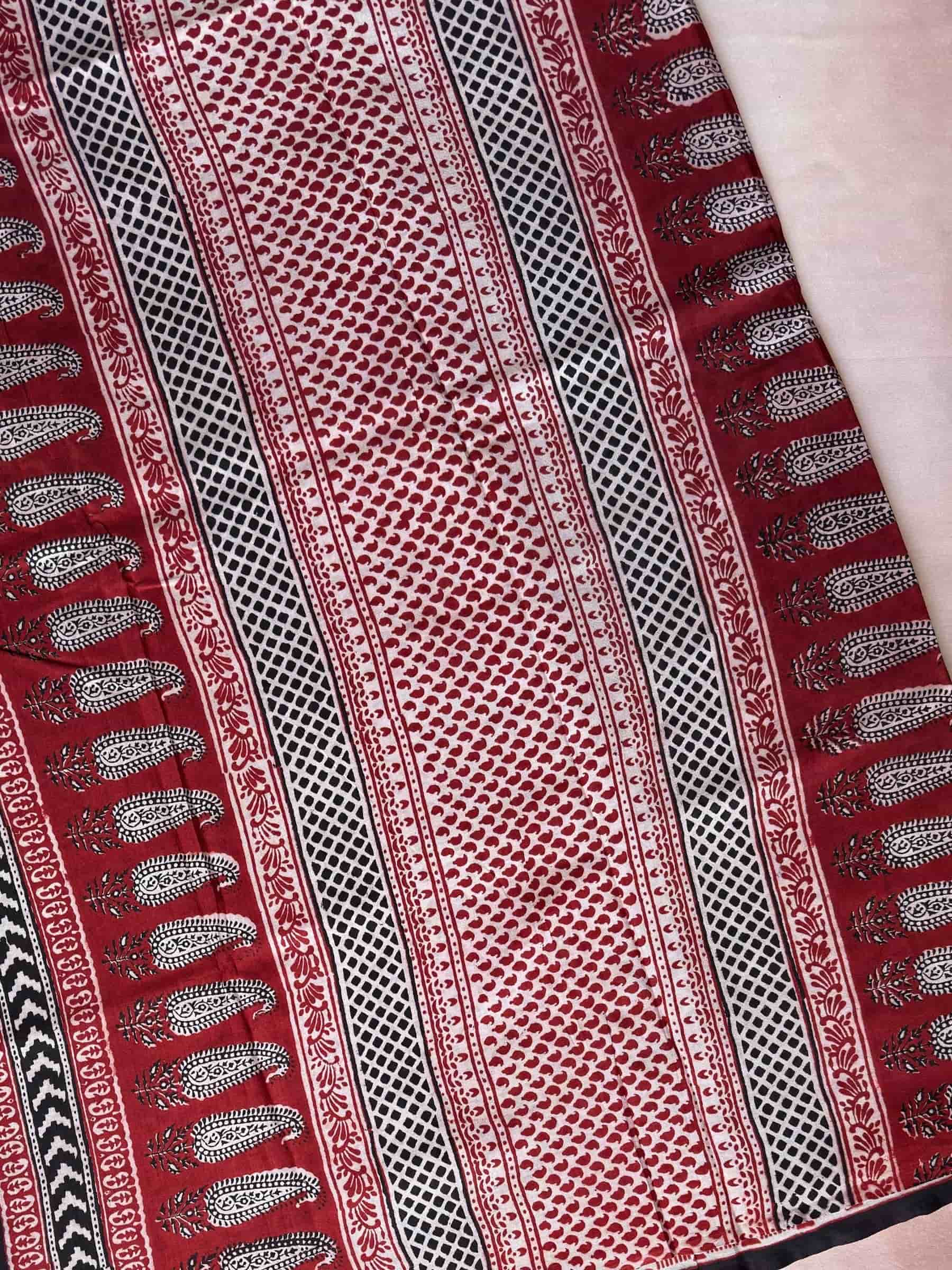Black and Red Bagh Hand Block Printed Banana Silk Cotton Saree