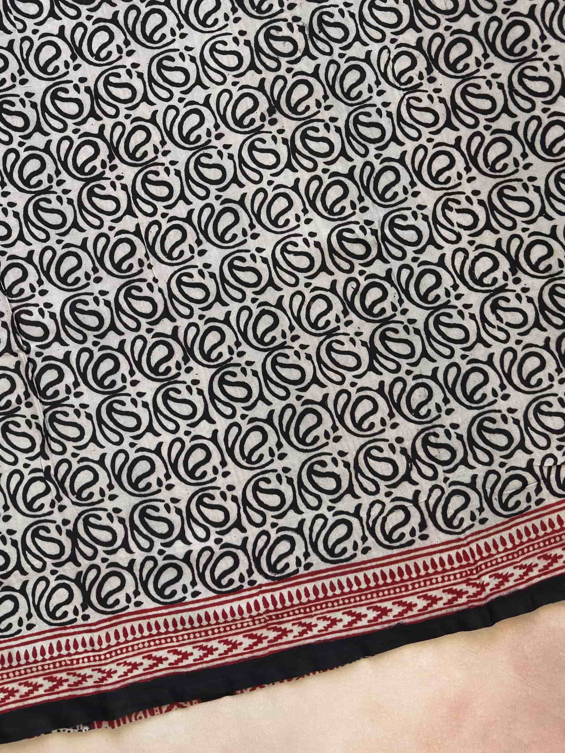 Ivory with Black Paisley Motifs Bagh Hand Block Printed Banana Silk Cotton Saree