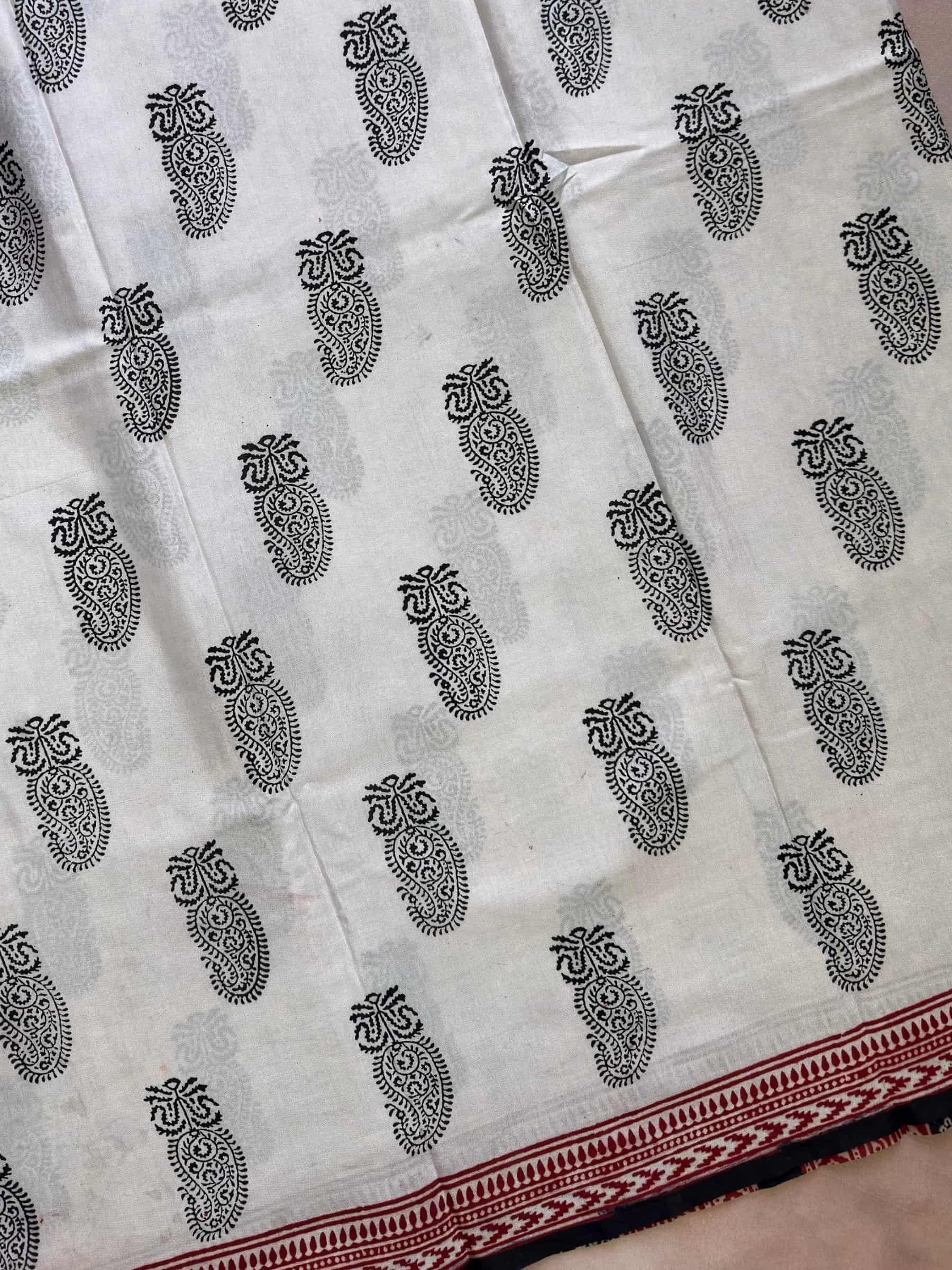 Ivory with Black Paisley Motifs Bagh Hand Block Printed Banana Silk Cotton Saree