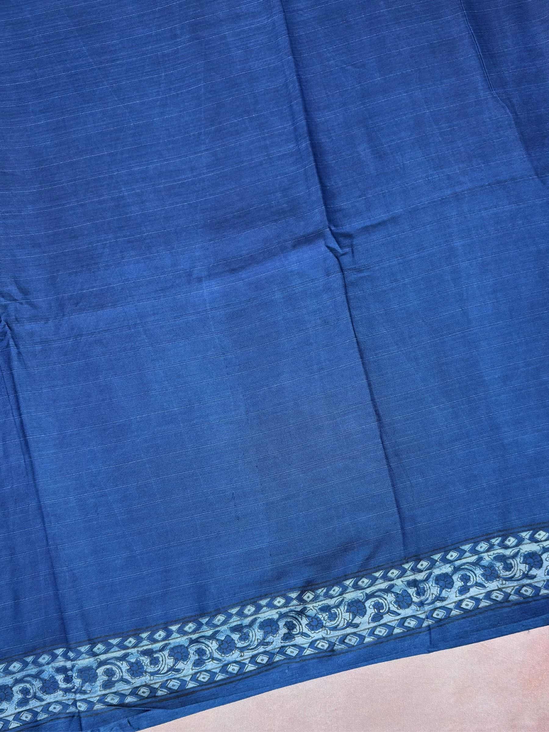 Blue Dabu Hand Block Printed Banana Silk Cotton Saree