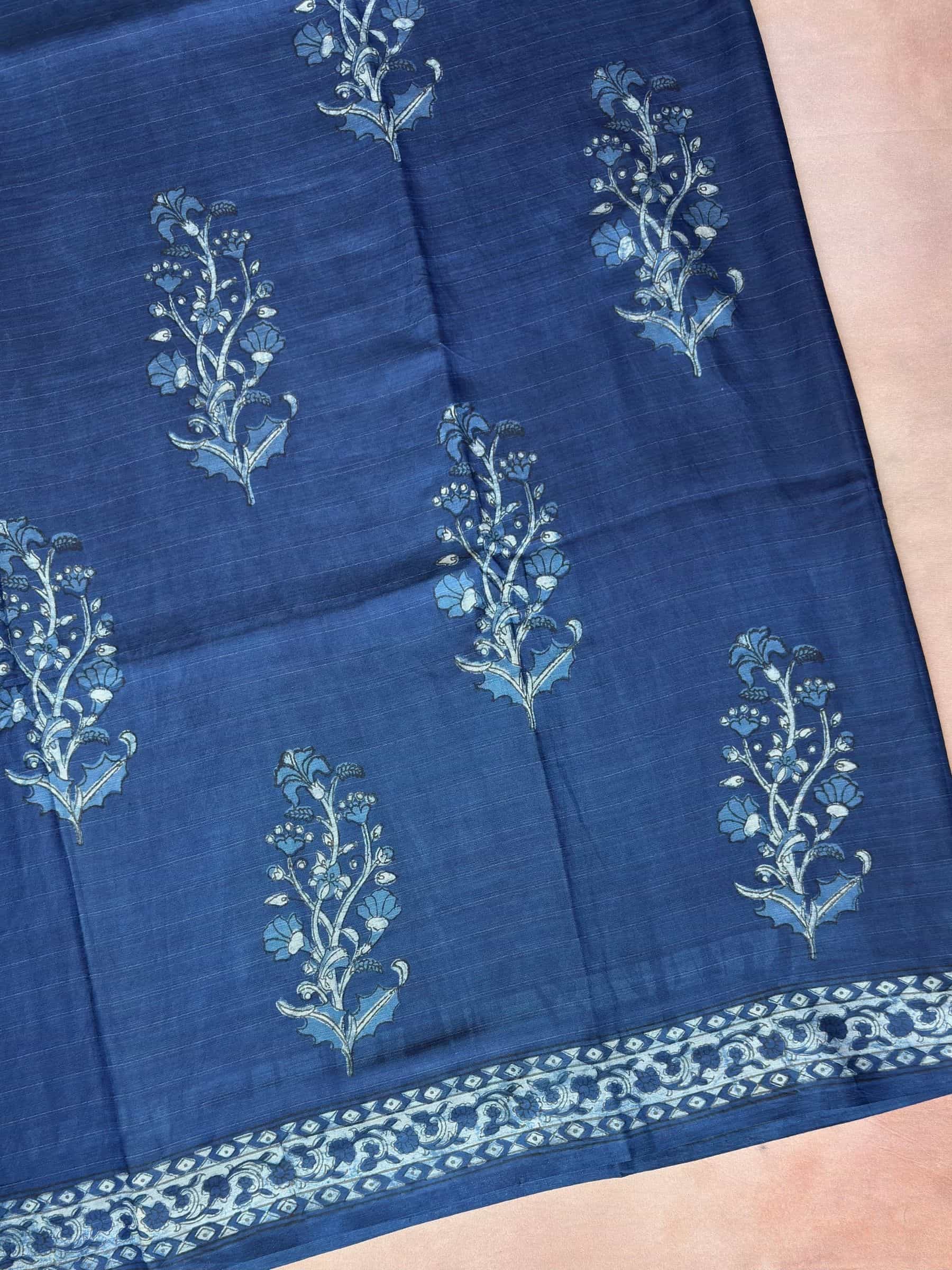 Blue Dabu Hand Block Printed Banana Silk Cotton Saree
