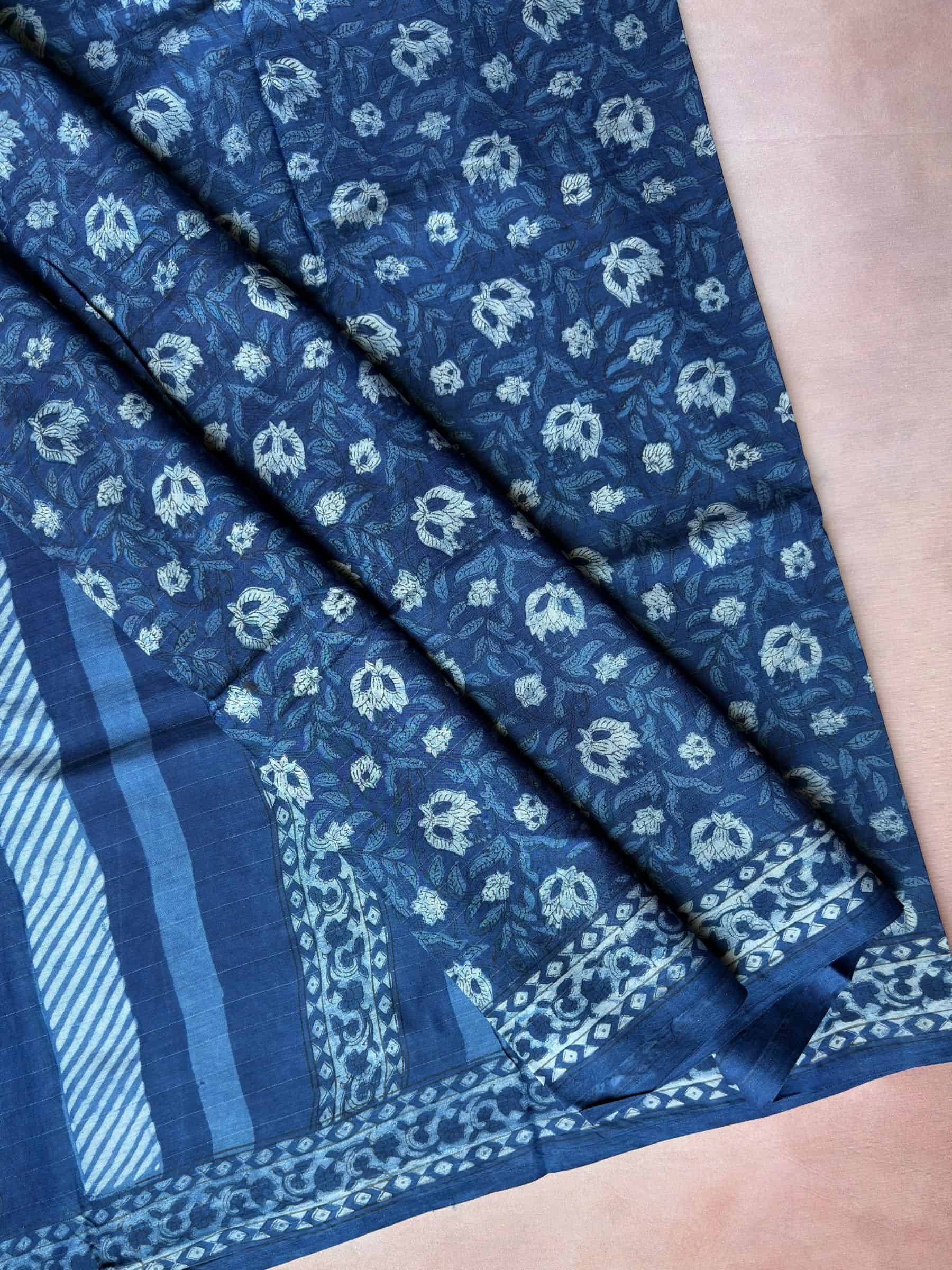 Blue Dabu Hand Block Printed Banana Silk Cotton Saree