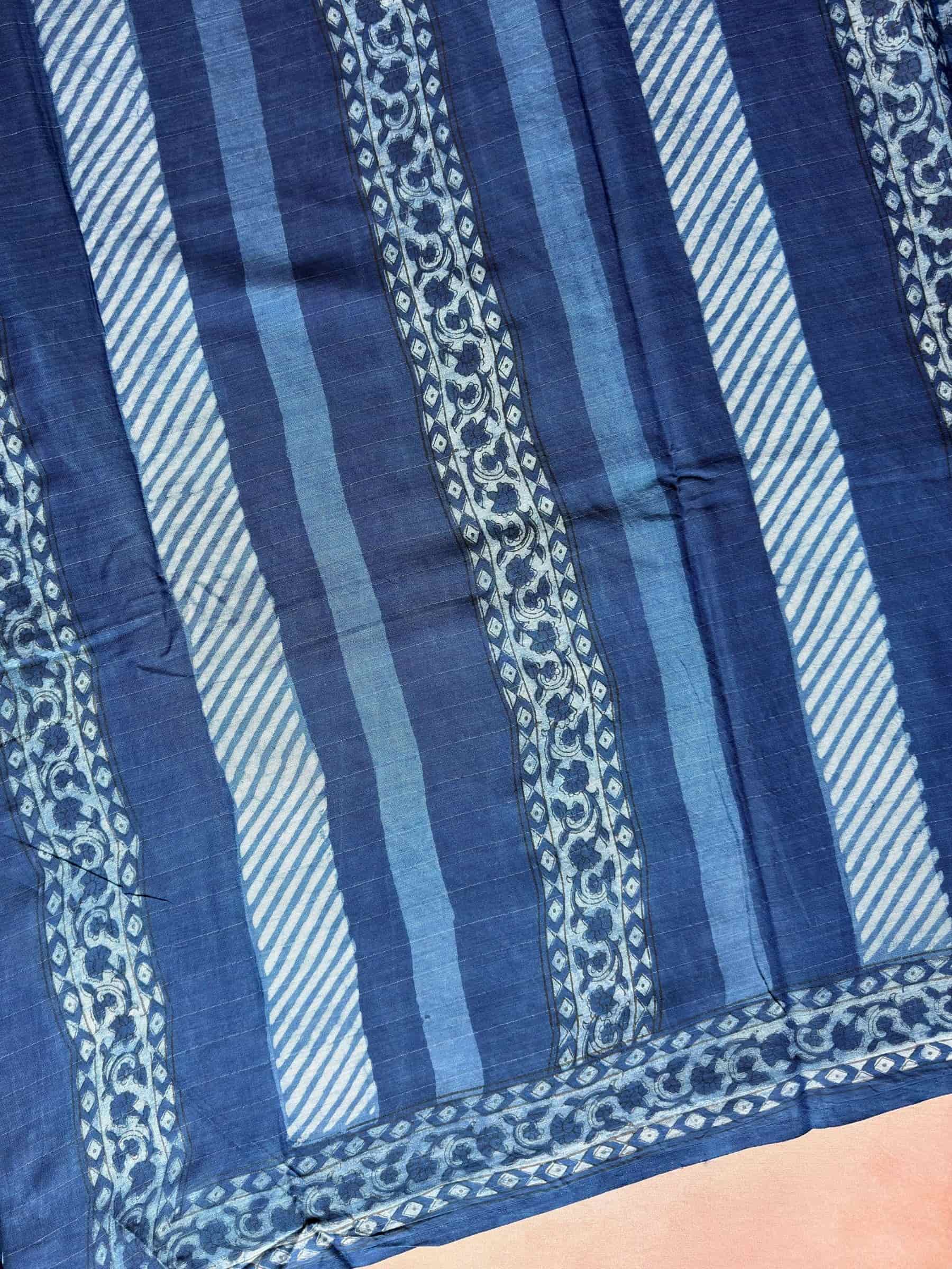 Blue Dabu Hand Block Printed Banana Silk Cotton Saree