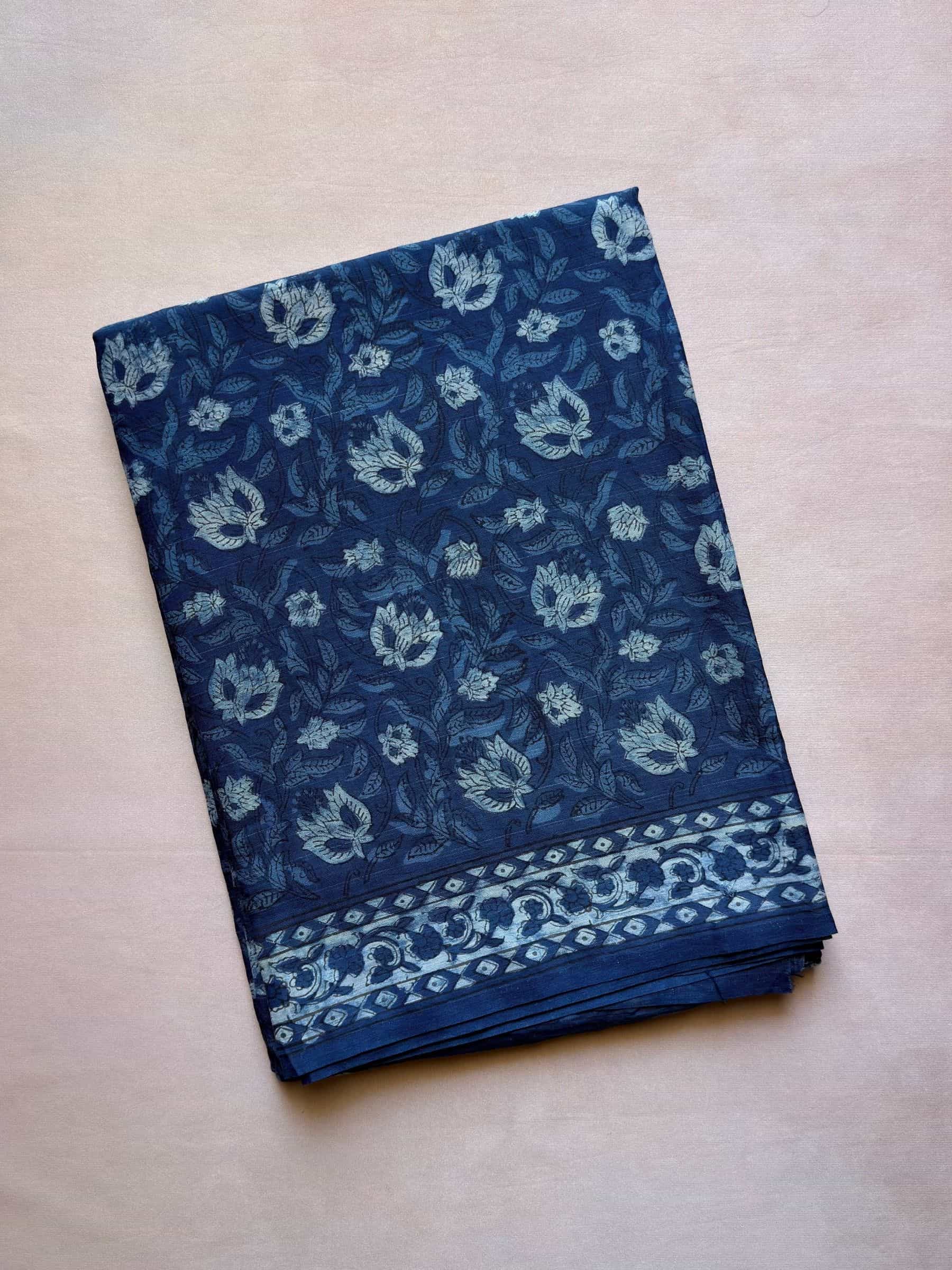 Blue Dabu hand block printed banana silk cotton saree