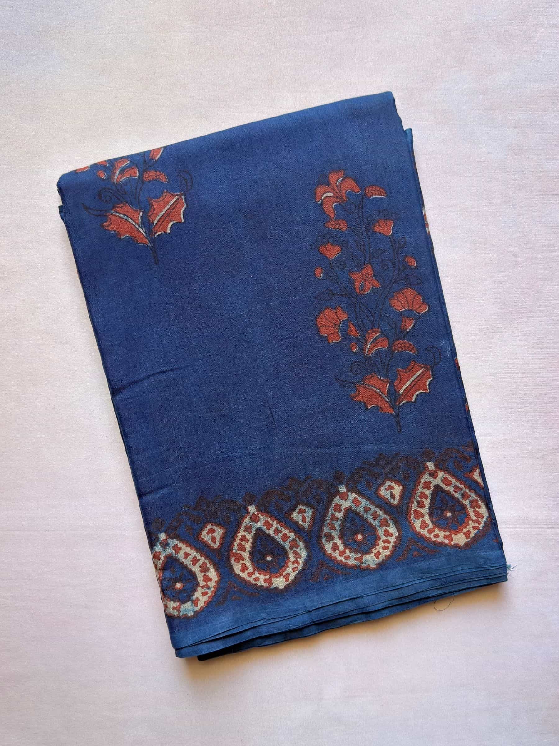 Blue indigo hand block printed banana silk cotton saree
