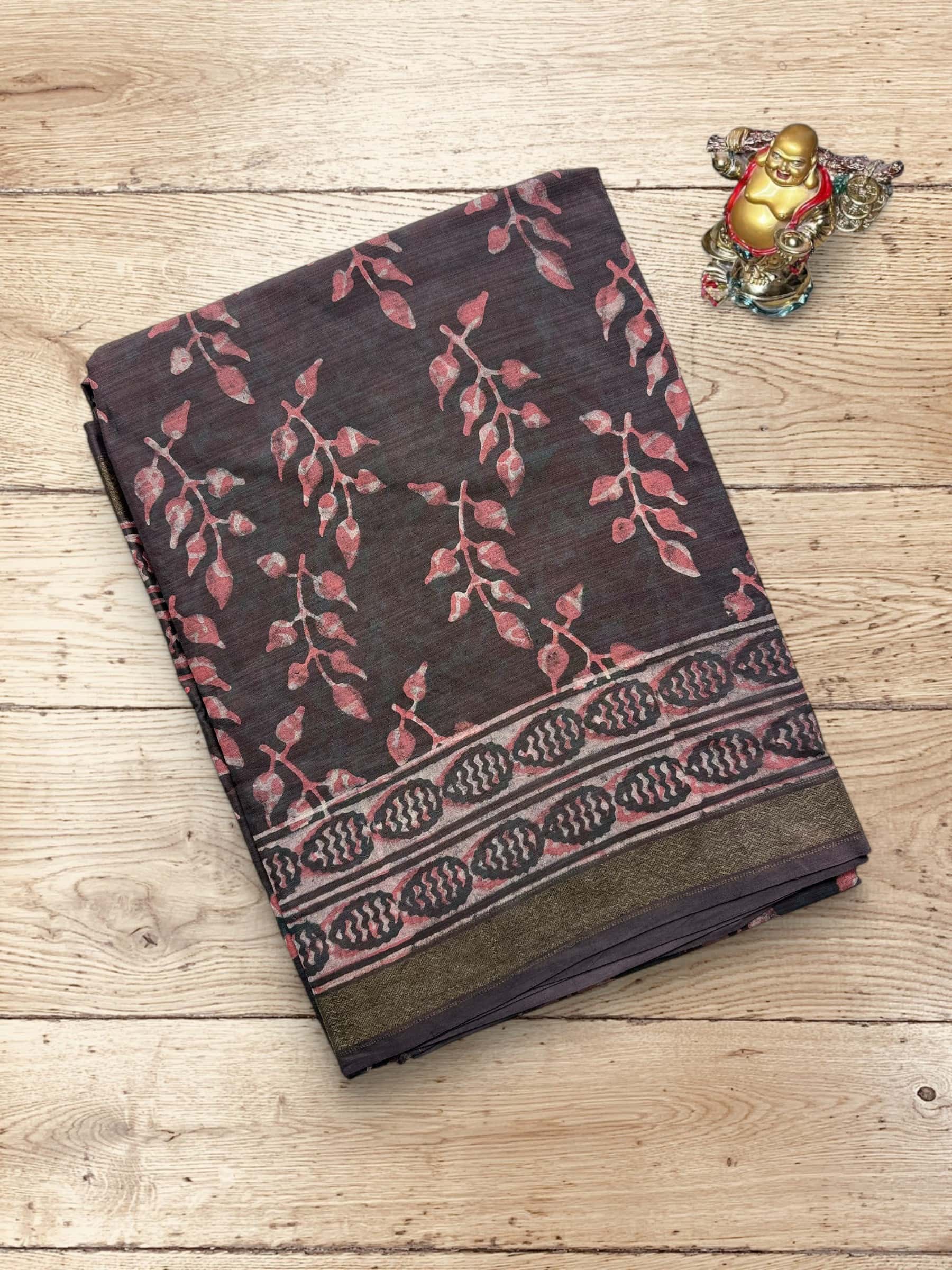 Dark Grey Banana Silk Saree with Dabu hand block print and zari border