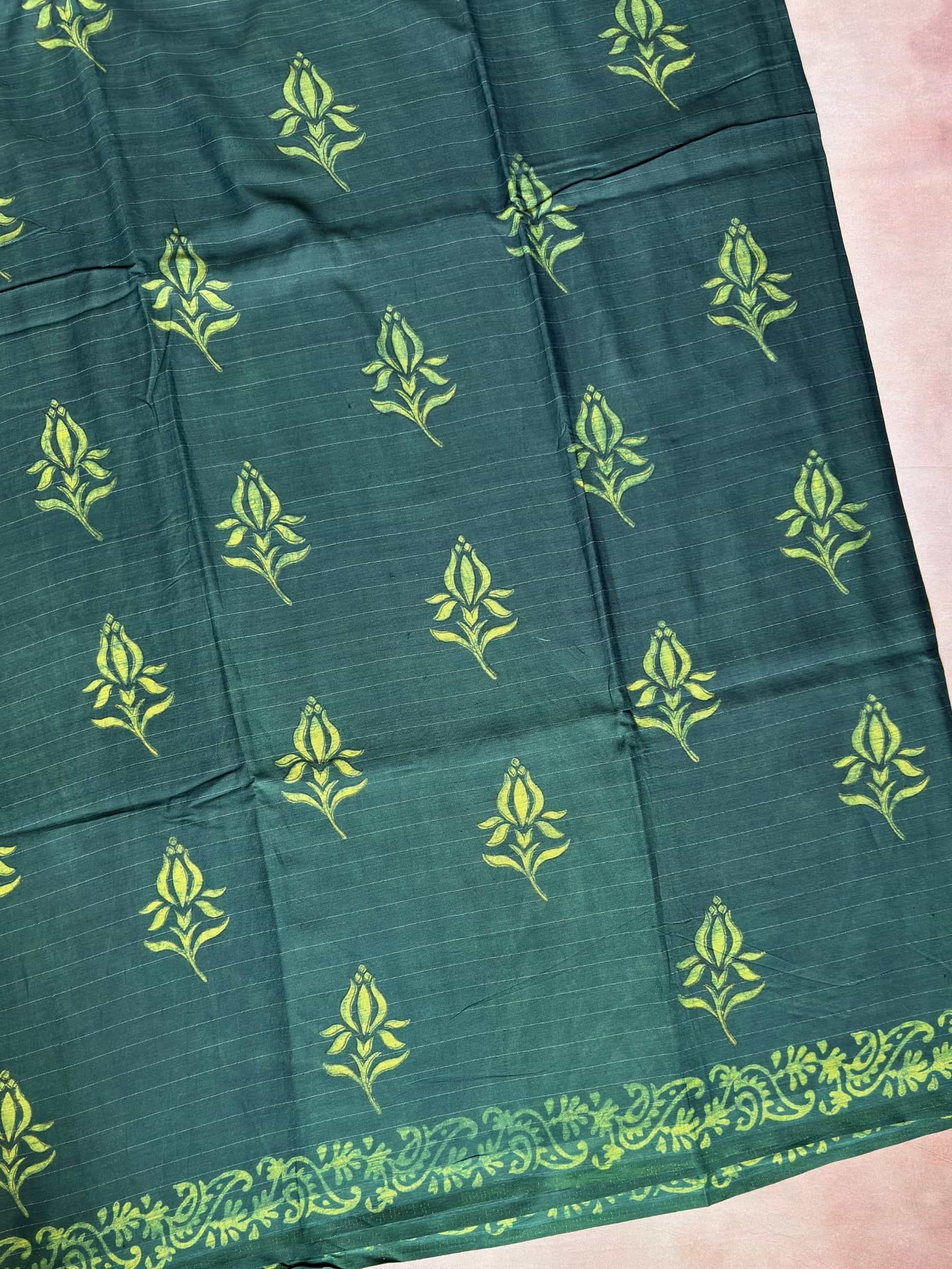 Deep Green Indigo Hand Block Printed Banana Silk Saree