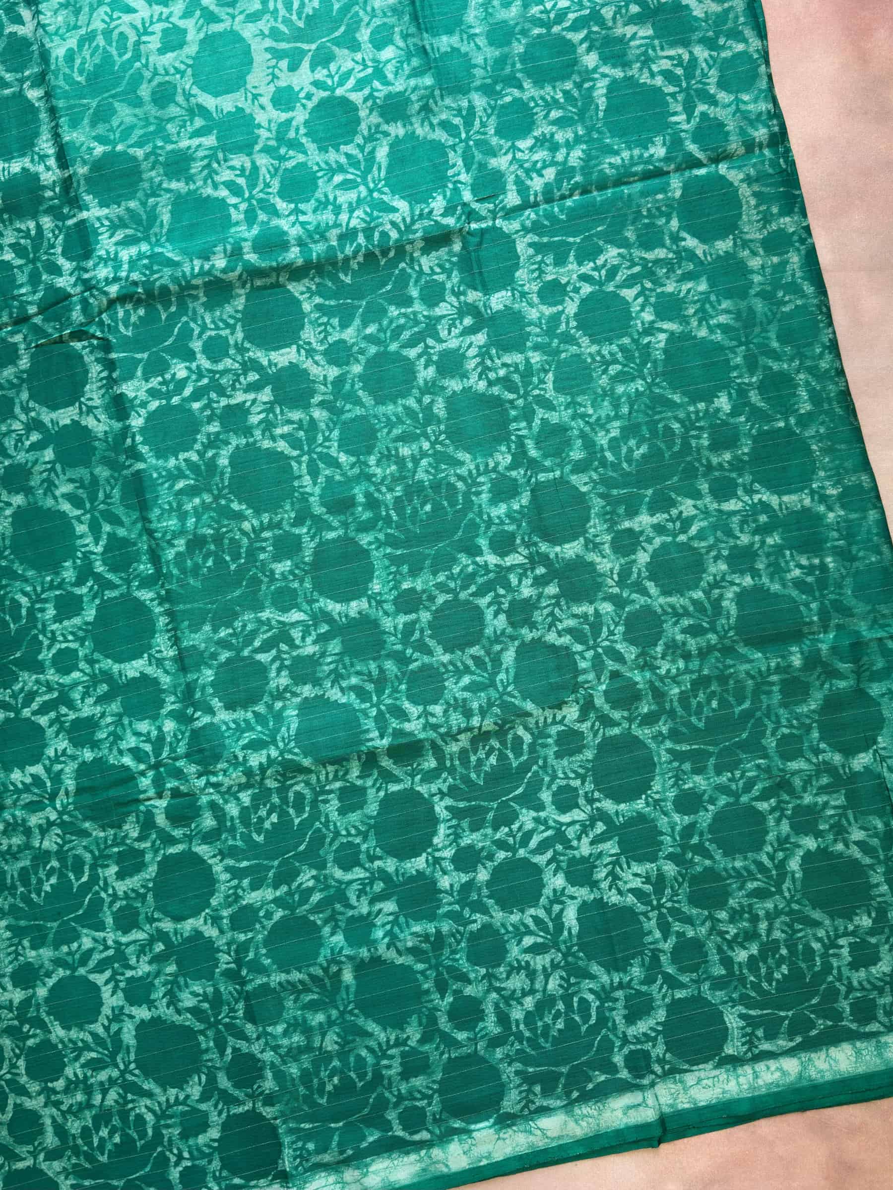 Emerald Green Indigo Hand Block Printed Banana Silk Cotton Saree
