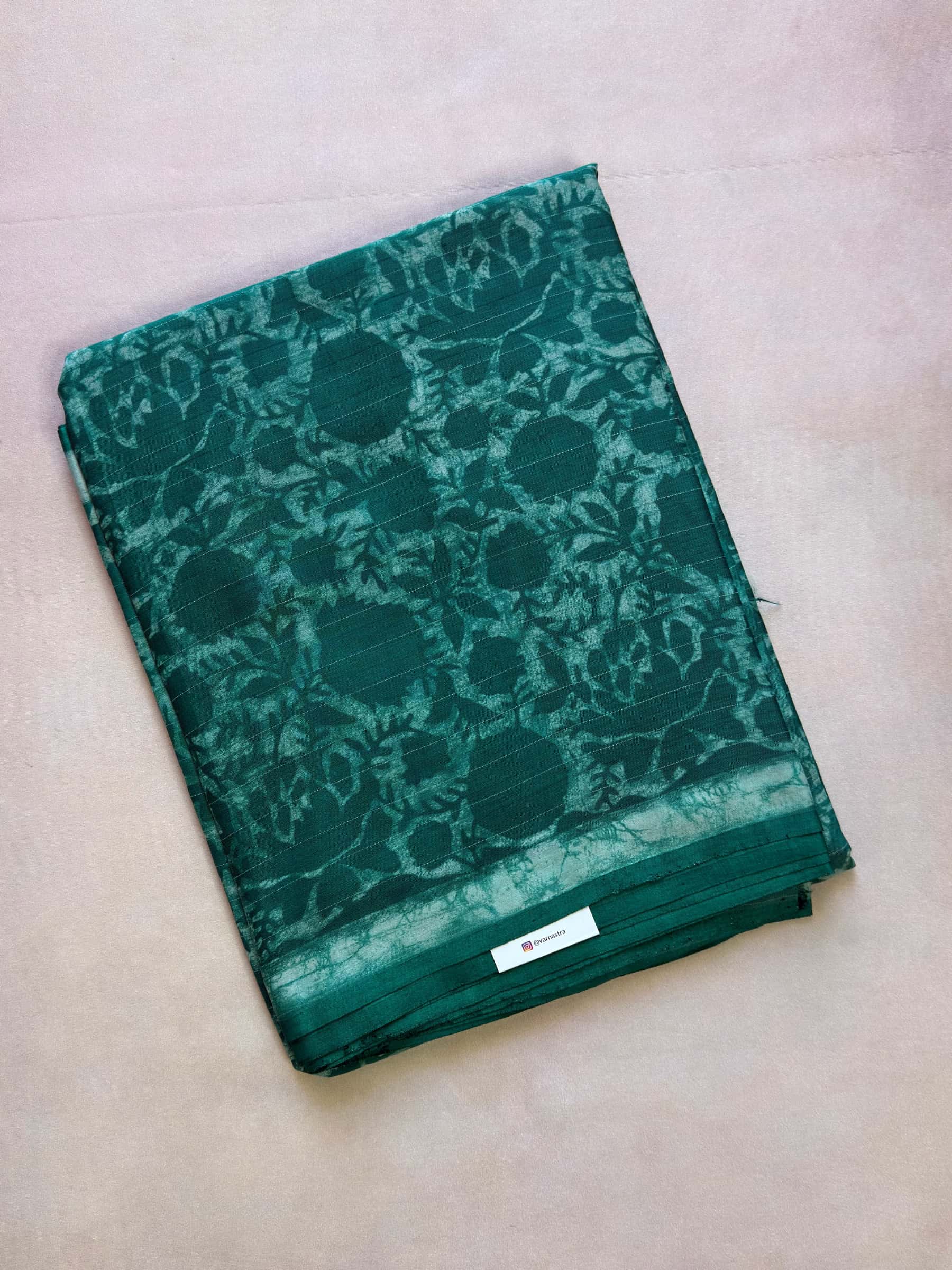 Hand block printed Indigo banana silk cotton saree in green