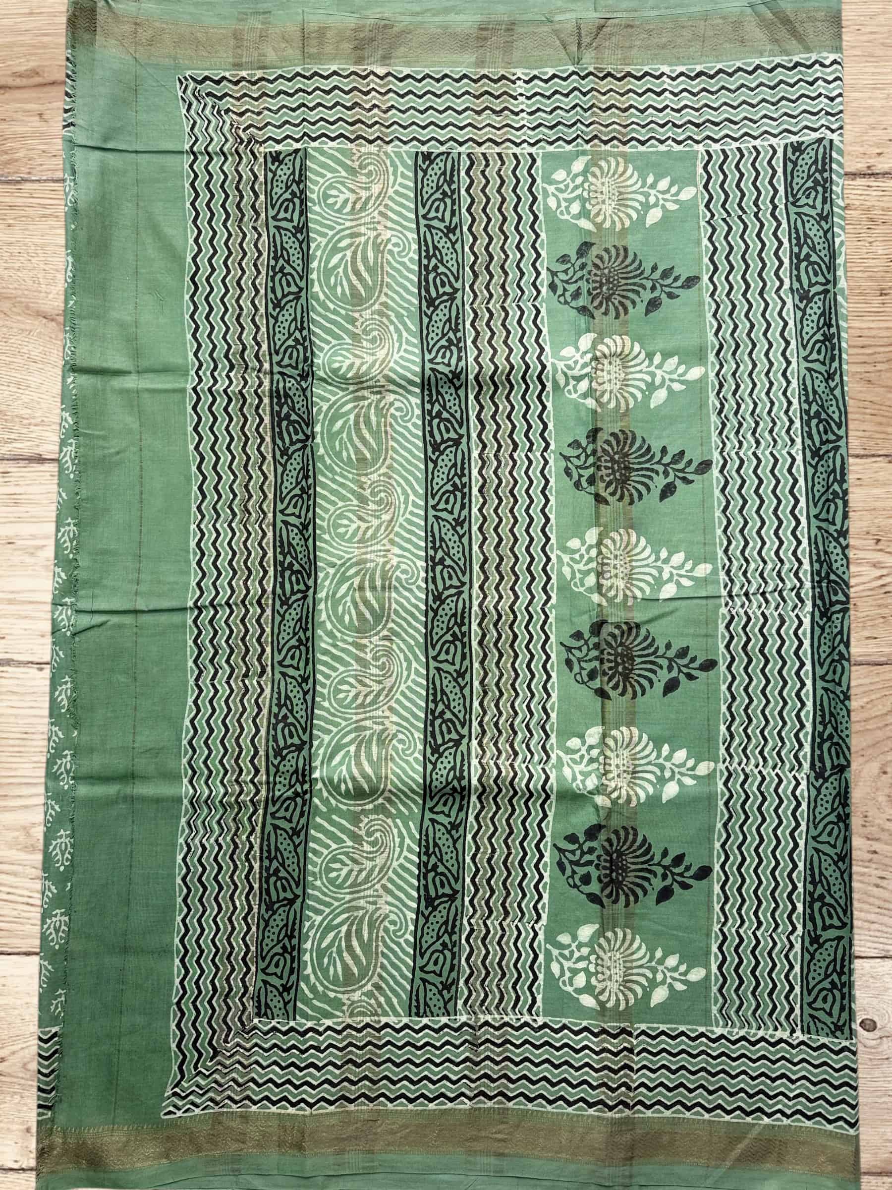 Green Dabu Hand Block Printed Banana Silk Saree