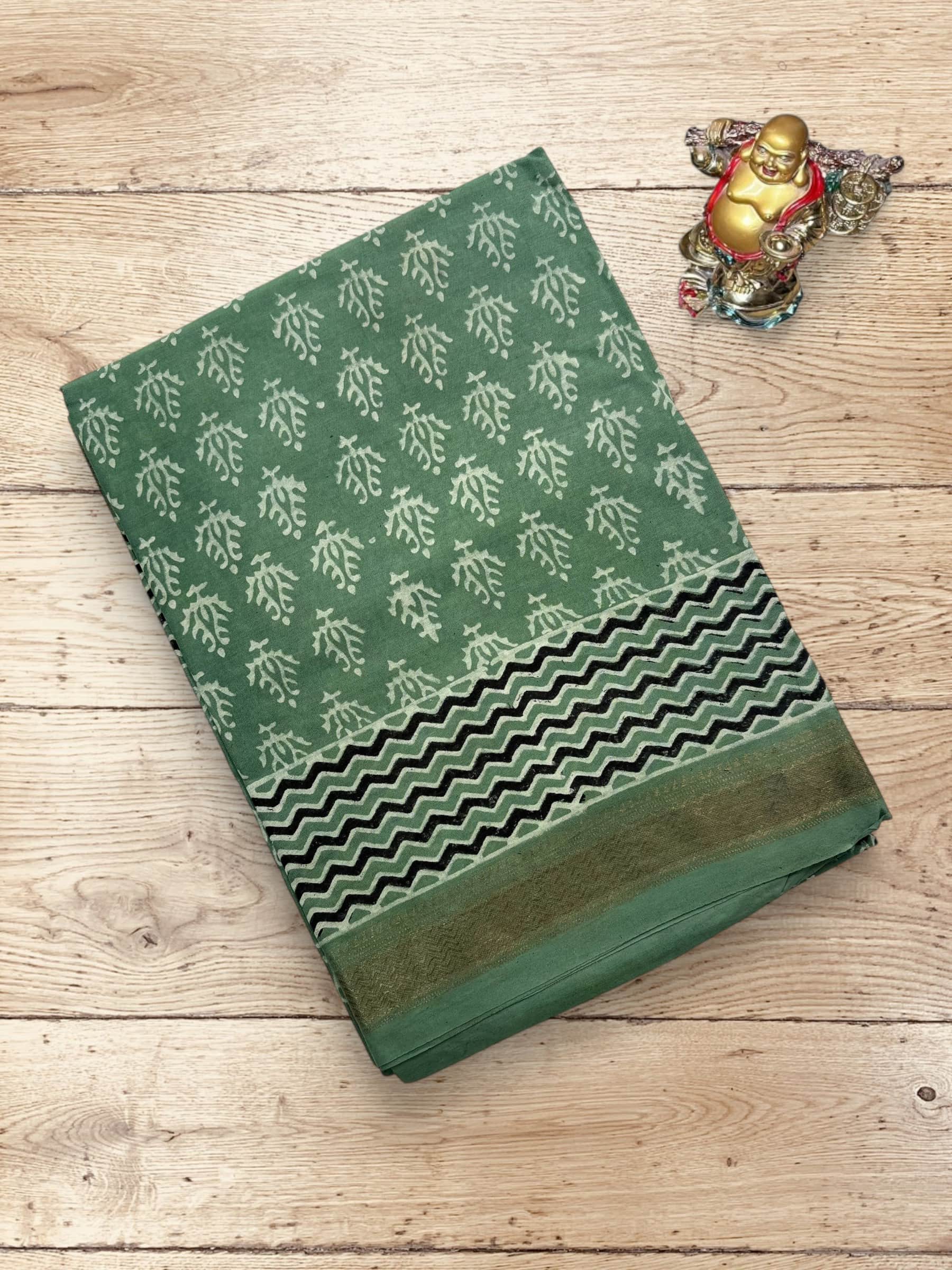 Green Banana Silk Saree with Dabu hand block print and zari border
