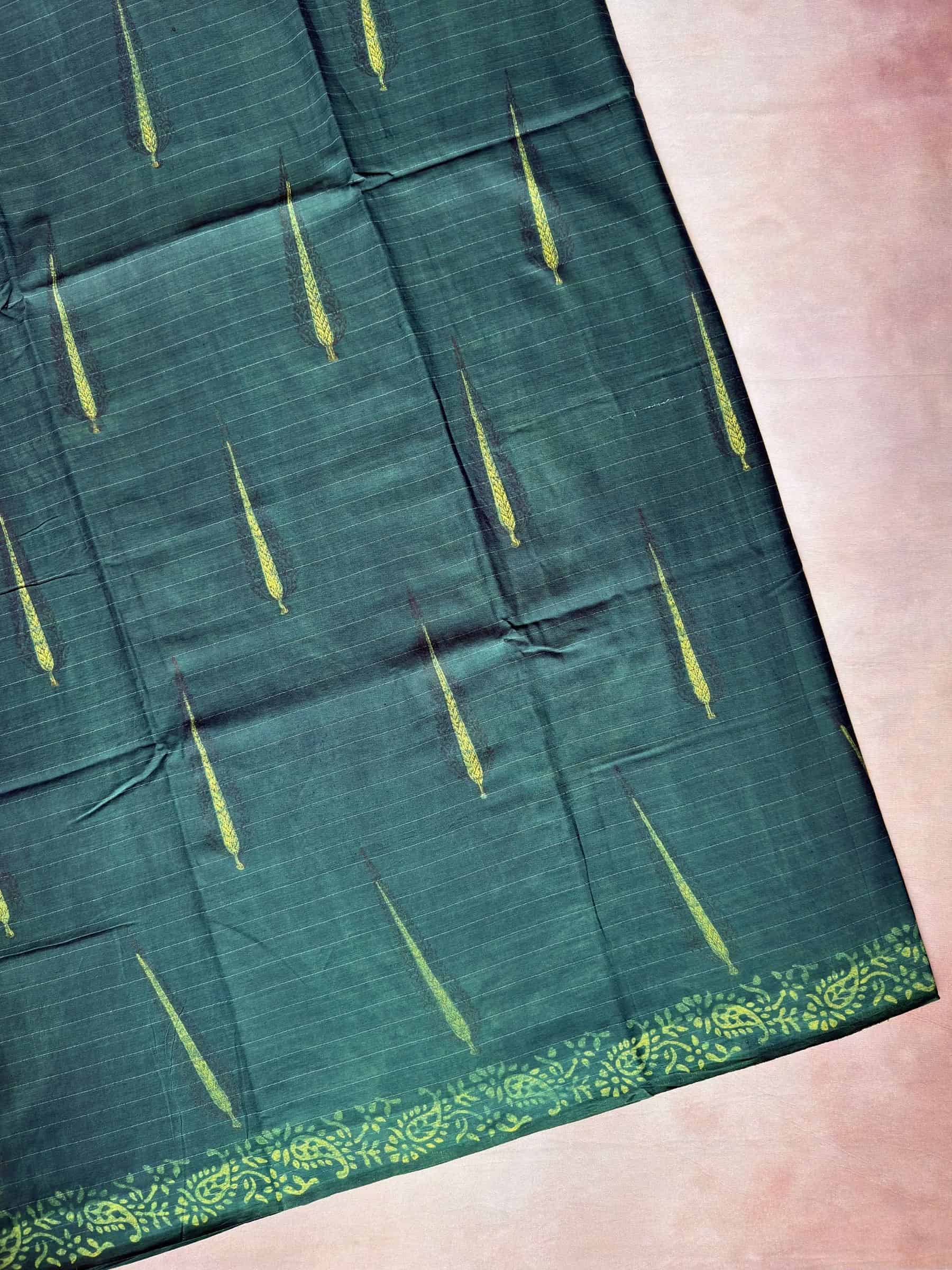 Green Indigo Hand Block Printed Banana Silk Cotton Saree