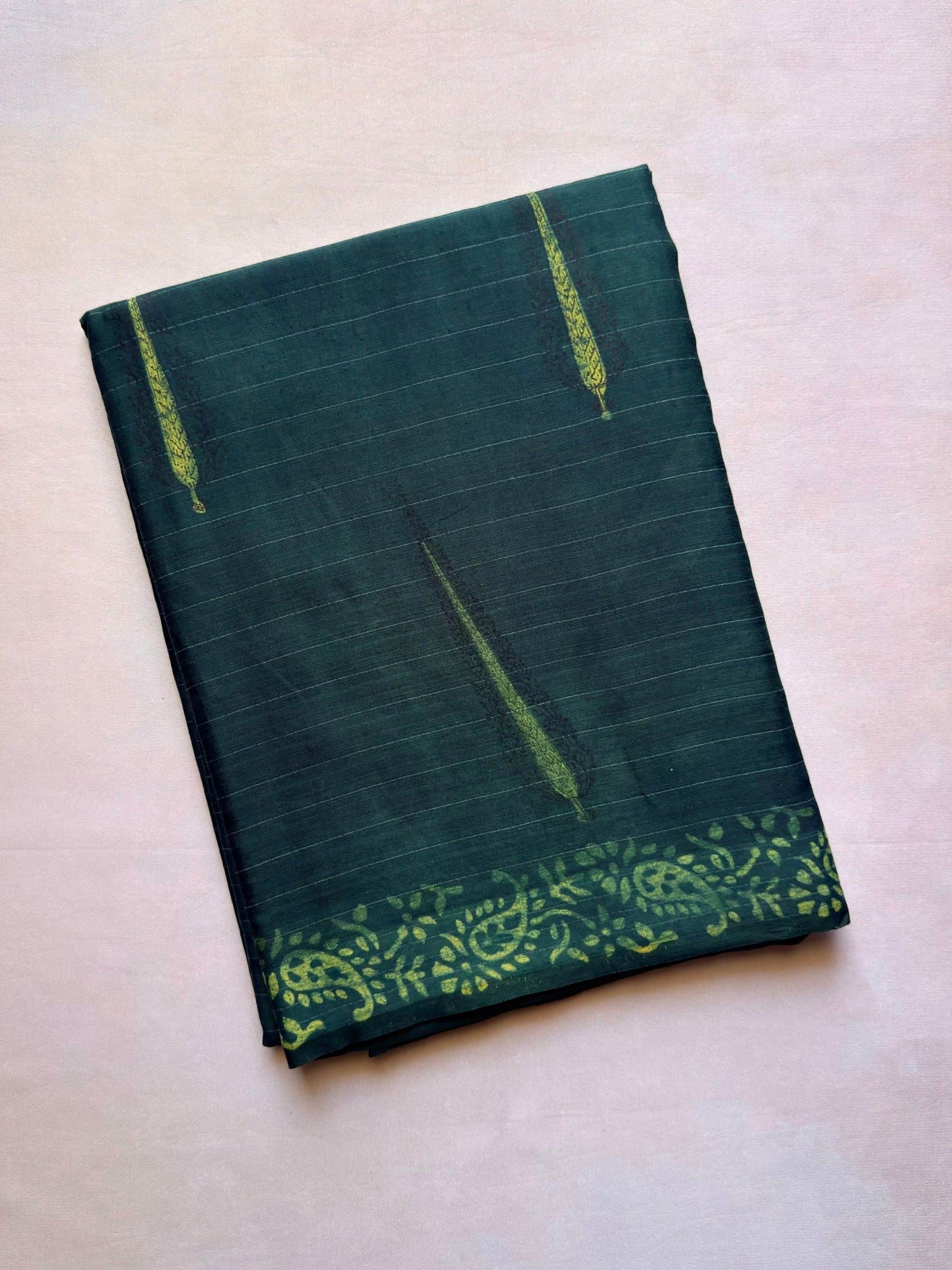 Green indigo hand block printed banana silk cotton saree
