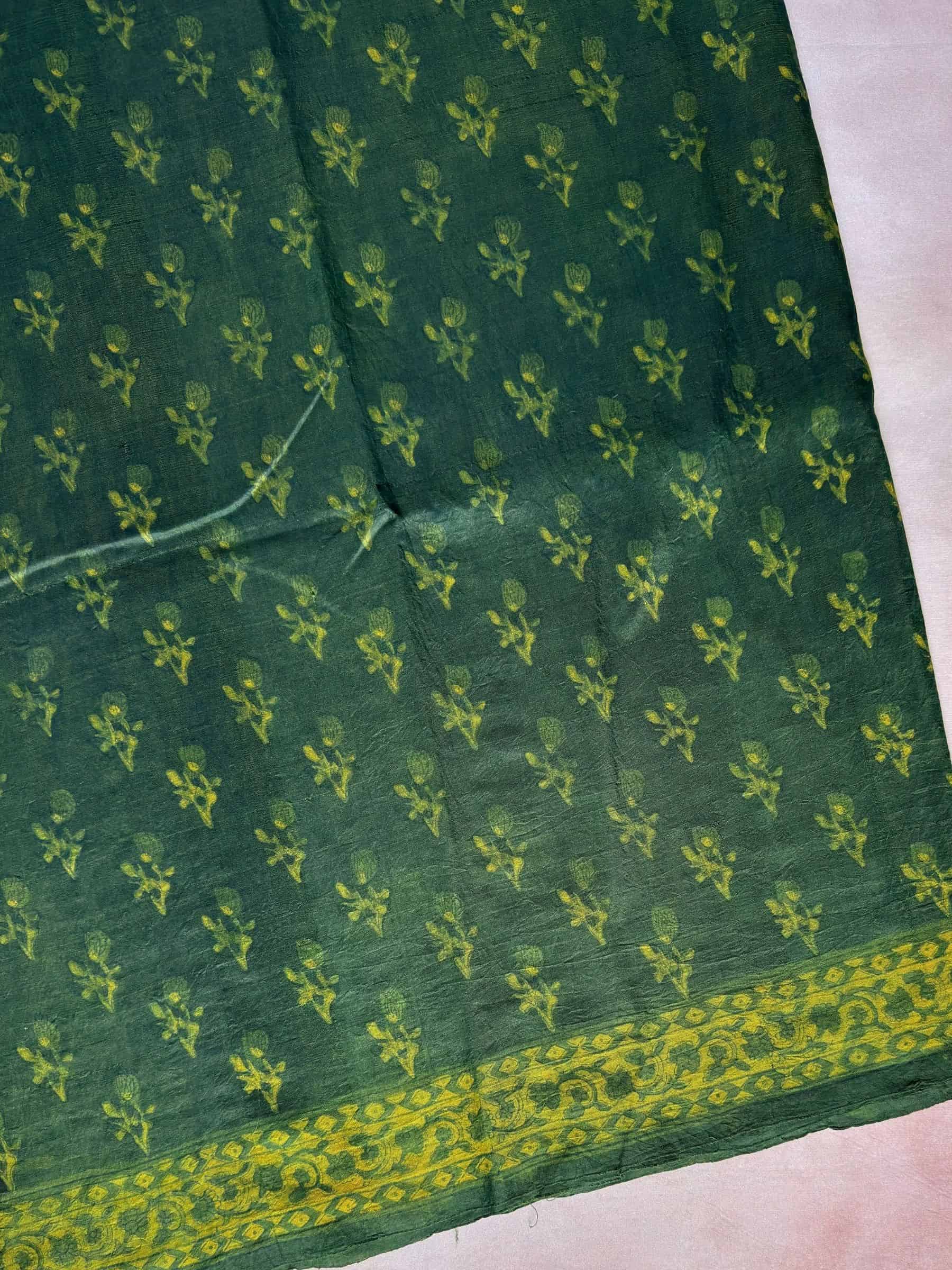 Green Indigo Hand Block Printed Banana Silk Cotton Saree