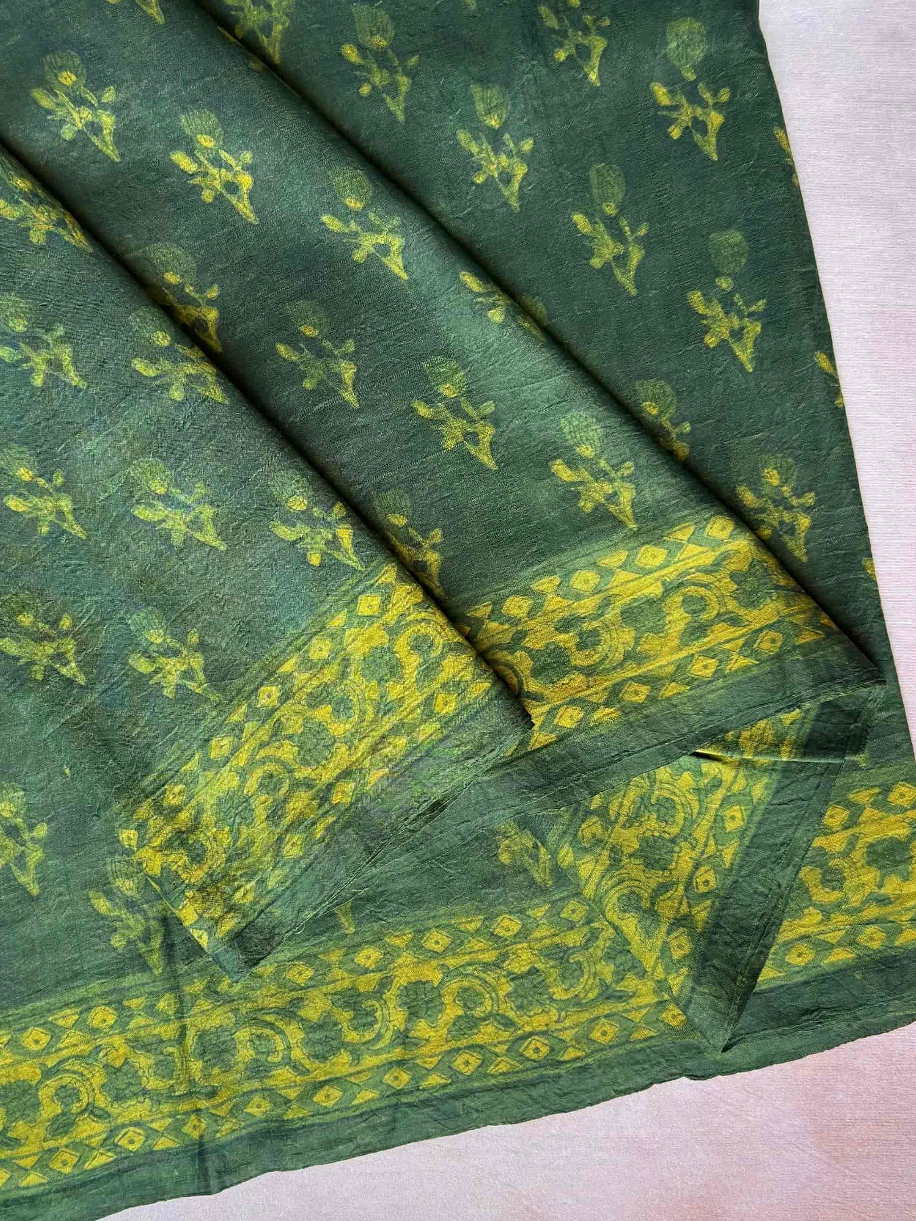 Green Indigo Hand Block Printed Banana Silk Cotton Saree