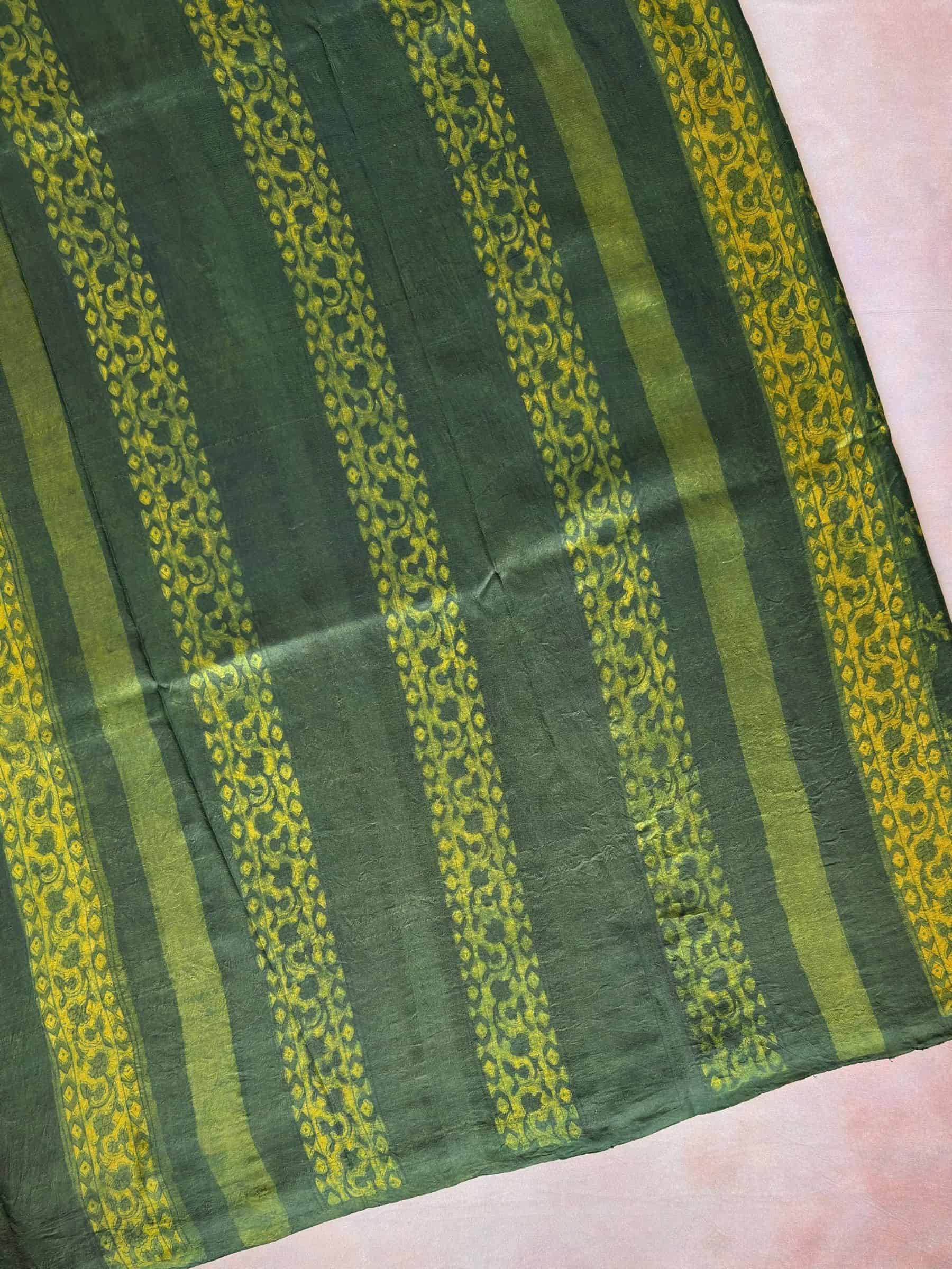 Green Indigo Hand Block Printed Banana Silk Cotton Saree