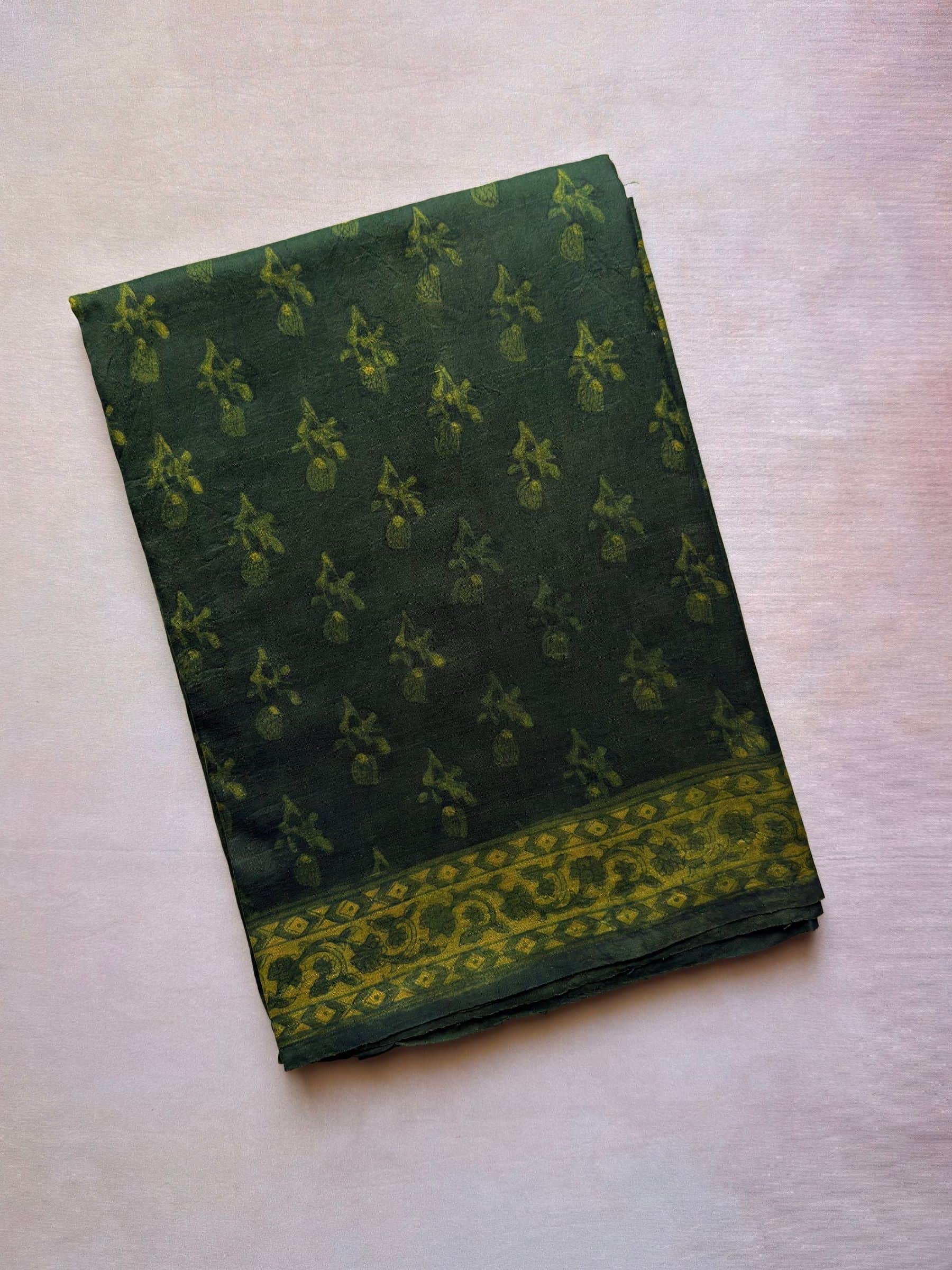 Green indigo hand block printed banana silk cotton saree