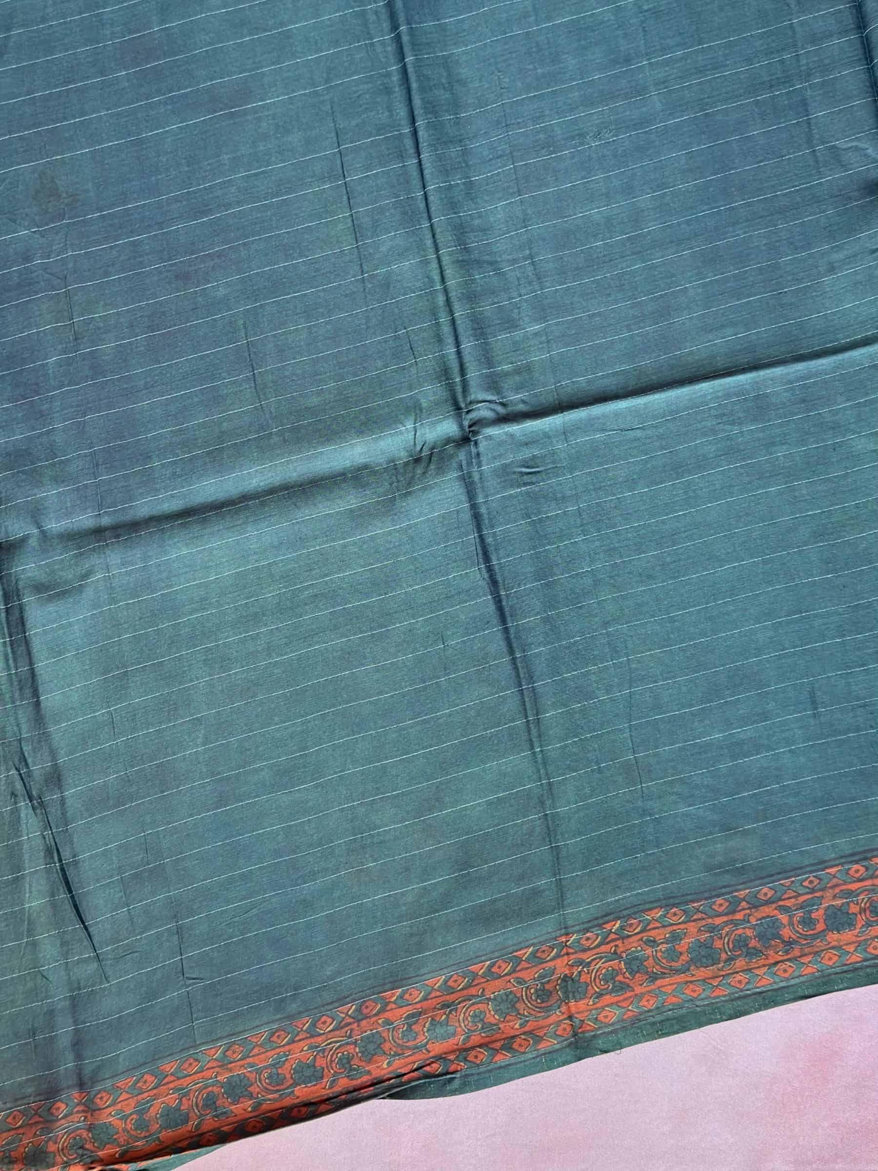 Green Indigo Hand Block Printed Banana Silk Cotton Saree