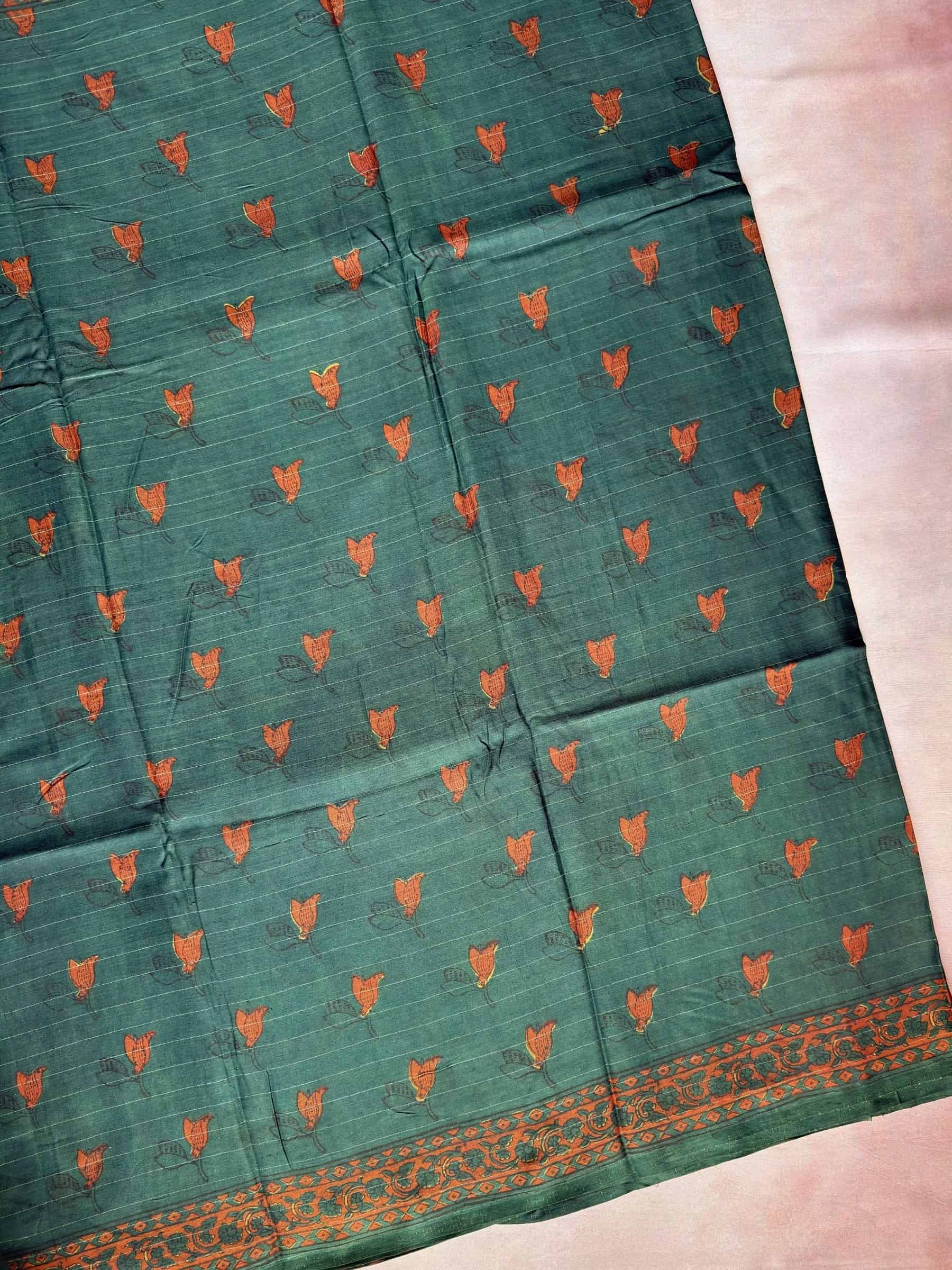 Green Indigo Hand Block Printed Banana Silk Cotton Saree