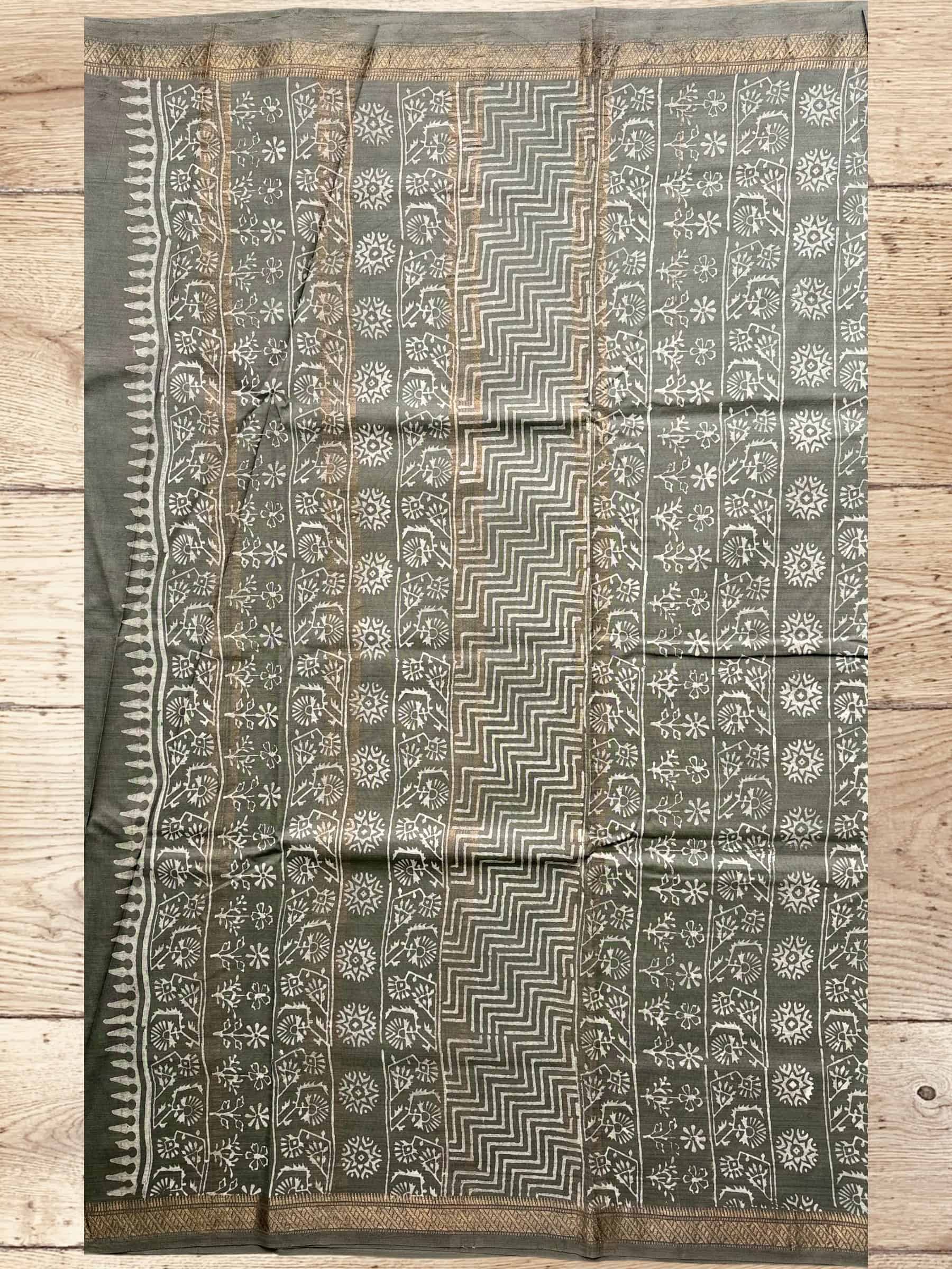 Grey Dabu Hand Block Printed Banana Silk Saree