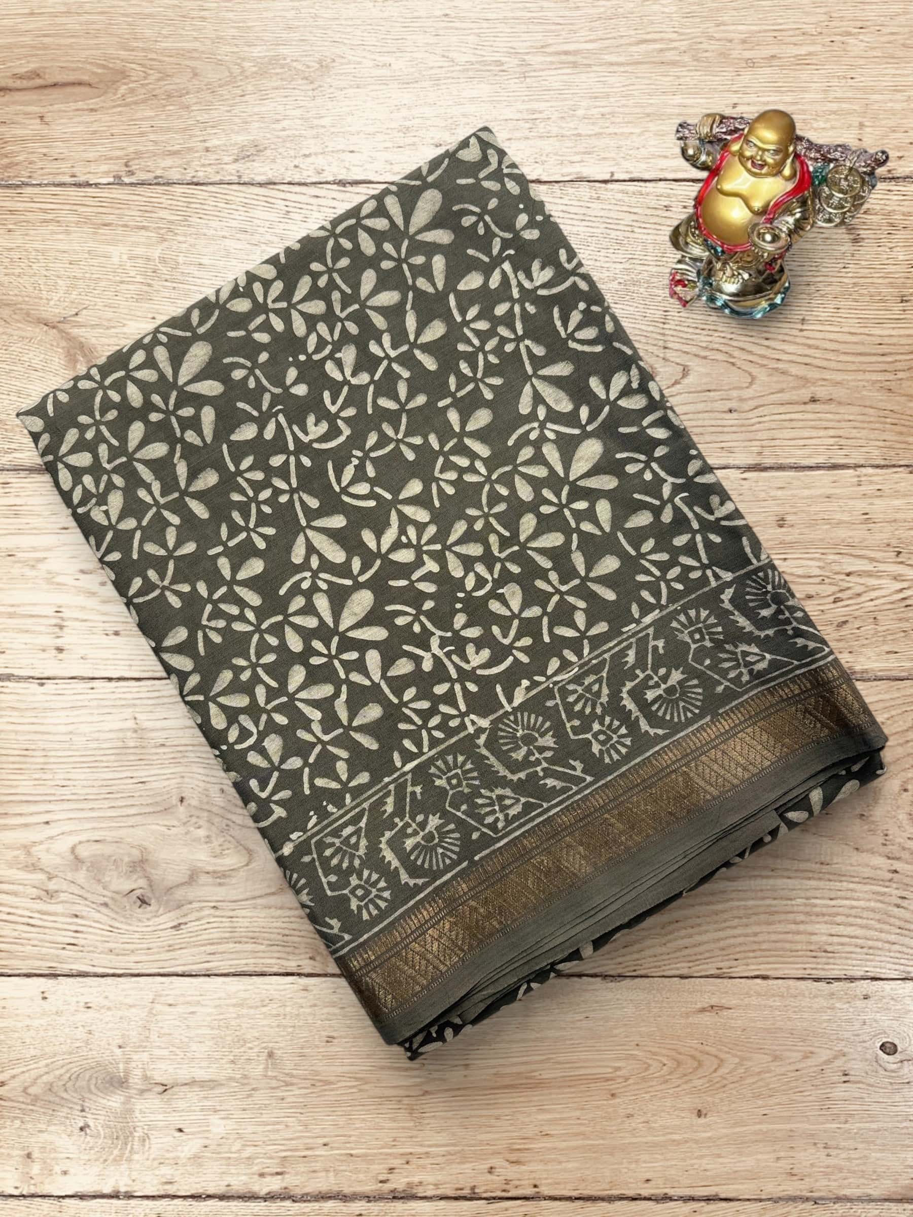 Grey Banana Silk Saree with Dabu hand block print and zari border