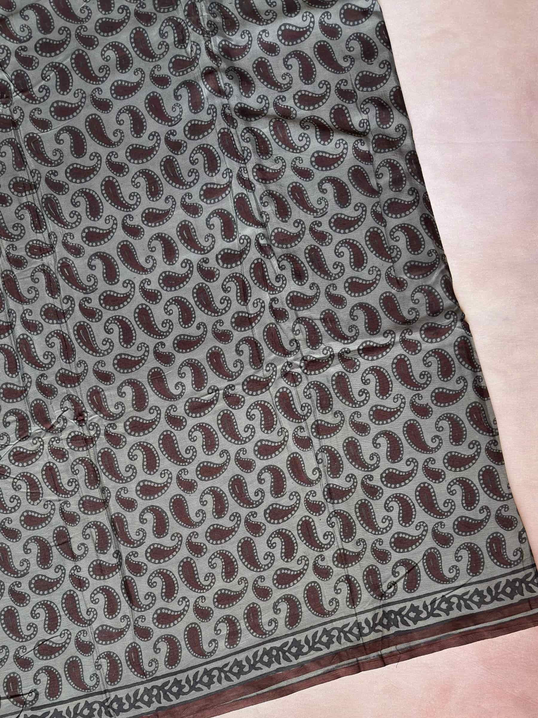 Grey Indigo Hand Block Printed Banana Silk Cotton Saree