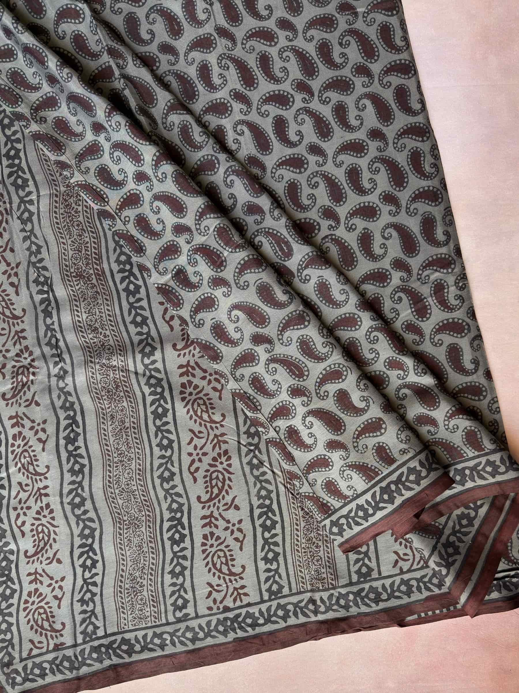 Grey Indigo Hand Block Printed Banana Silk Cotton Saree