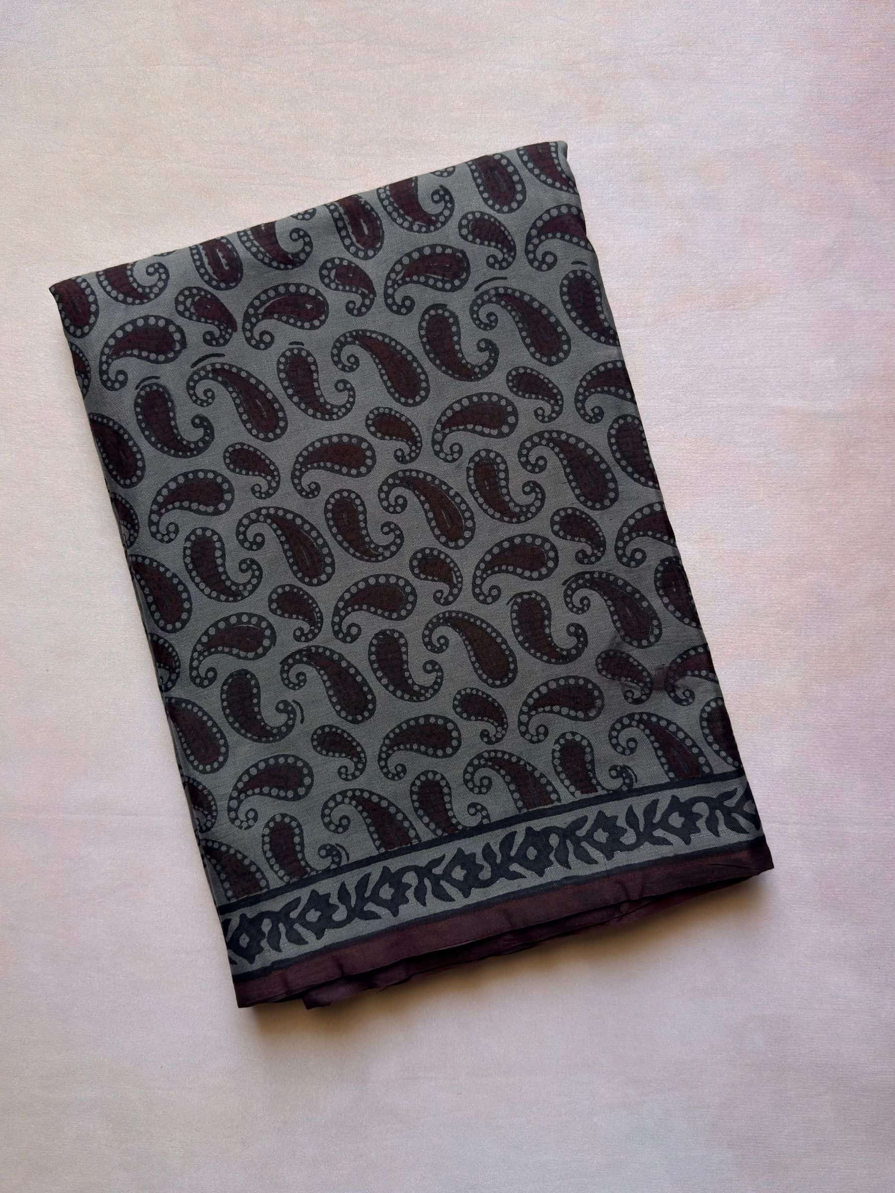 Grey indigo hand block printed banana silk cotton saree