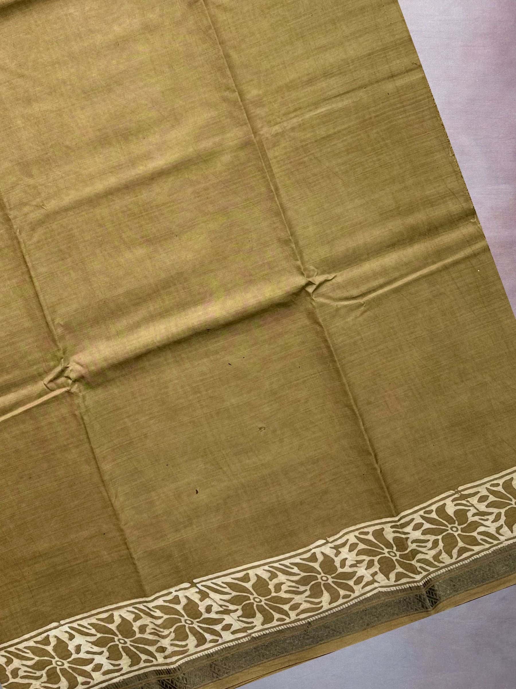 Olive Brown Dabu Hand Block Printed Banana Silk Saree