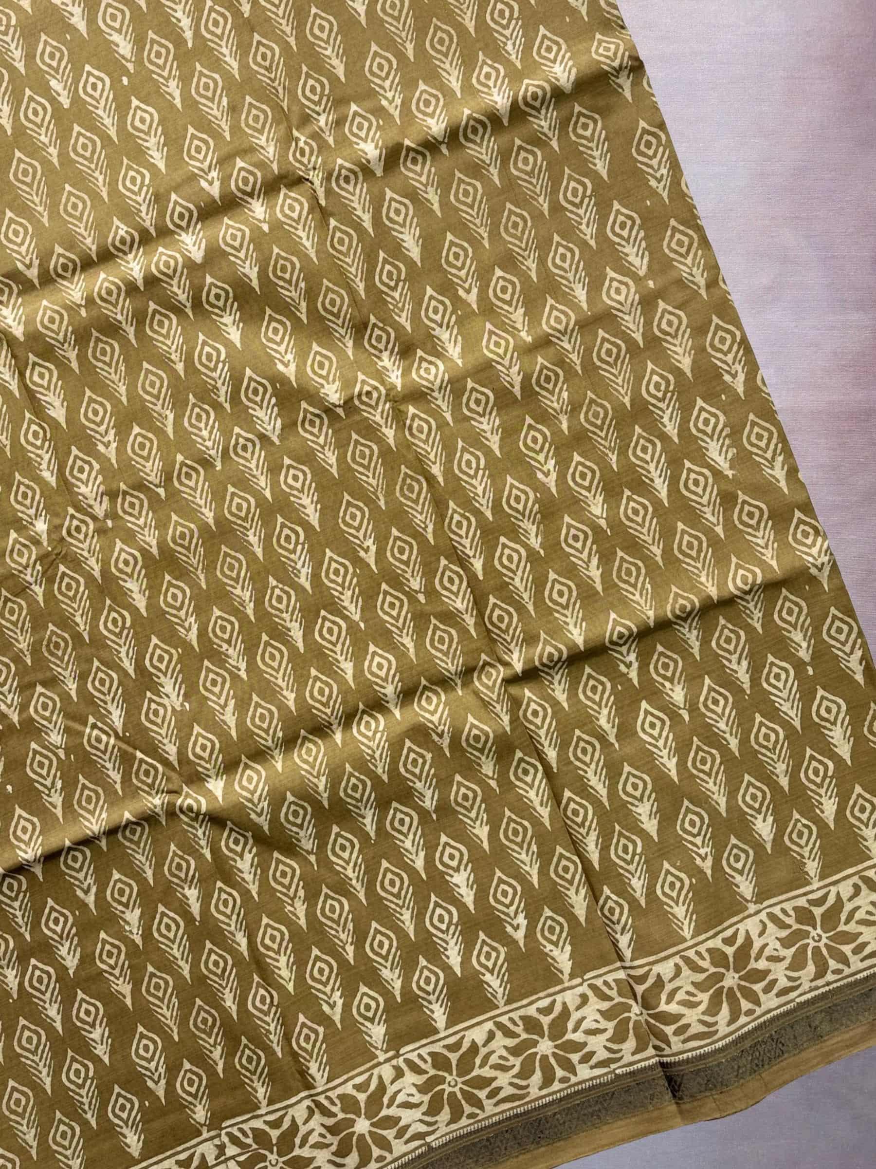 Olive Brown Dabu Hand Block Printed Banana Silk Saree