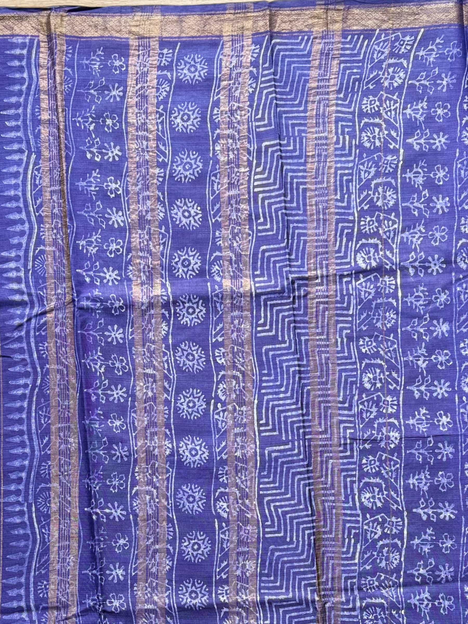 Royal Blue Dabu Hand Block Printed Banana Silk Saree