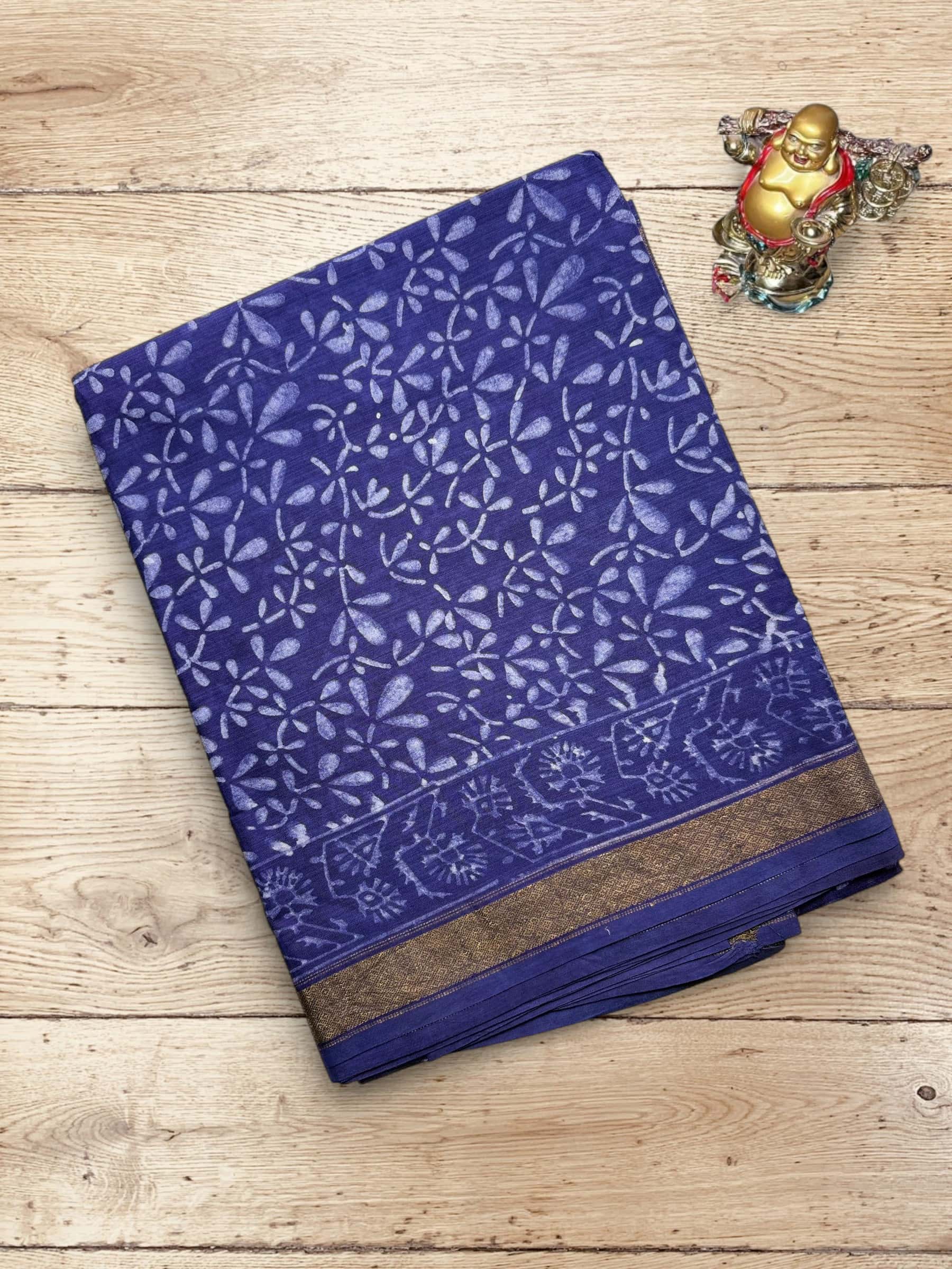 Royal Blue Banana Silk Saree with Dabu hand block print and zari border