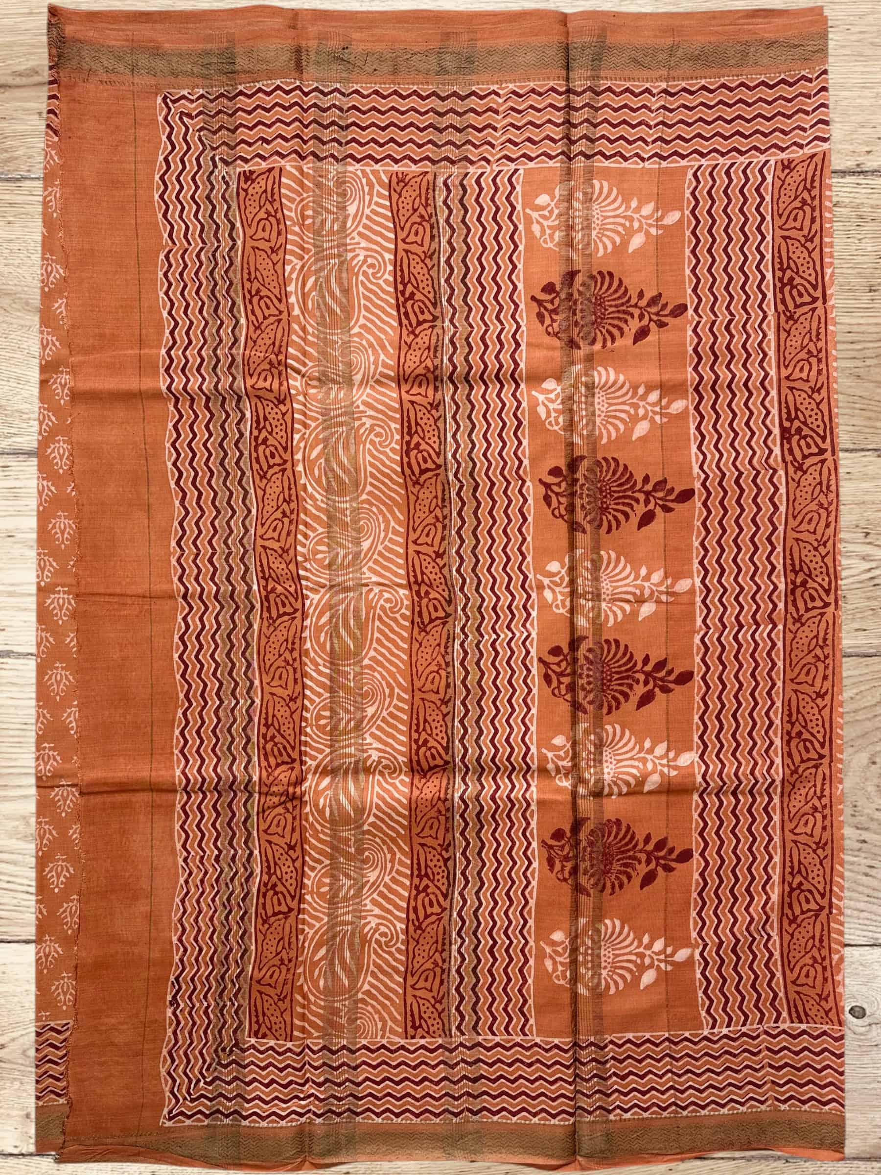 Rust Brown Dabu Hand Block Printed Banana Silk Saree